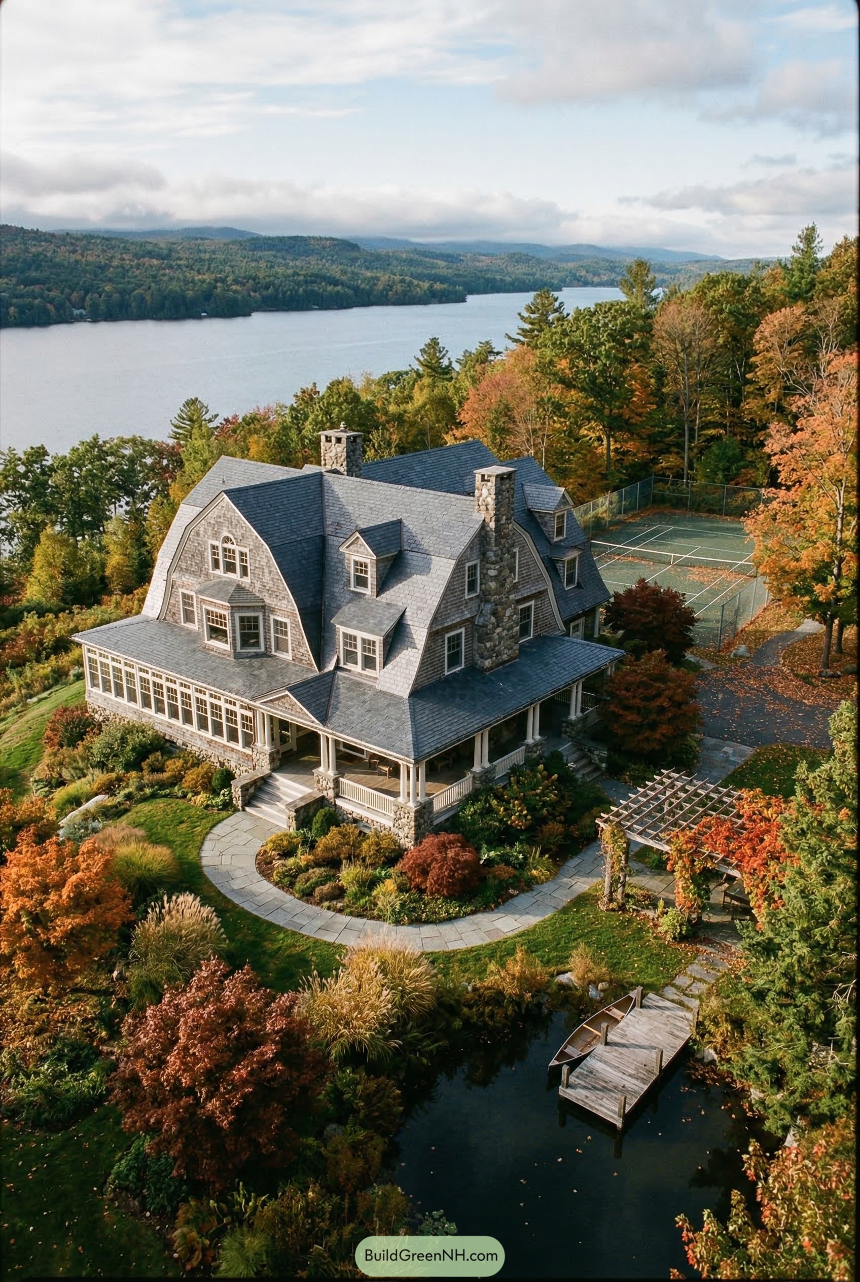 Lakeside shingle estate with dock and tennis court