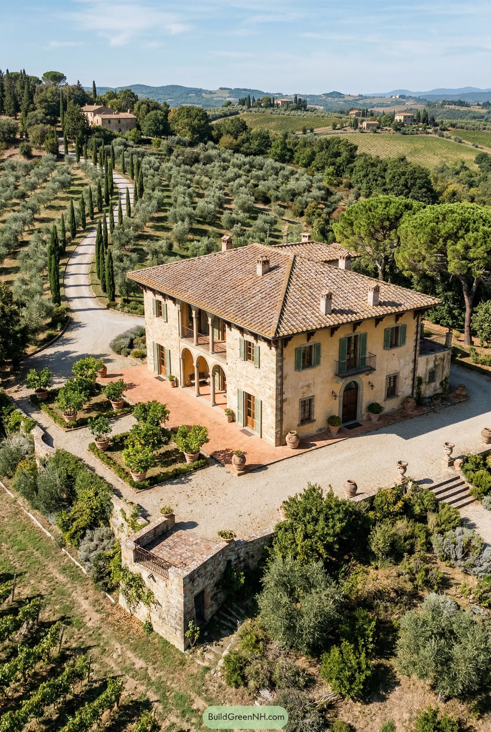 Stone Tuscan villa with cypress lined driveway and olive groves