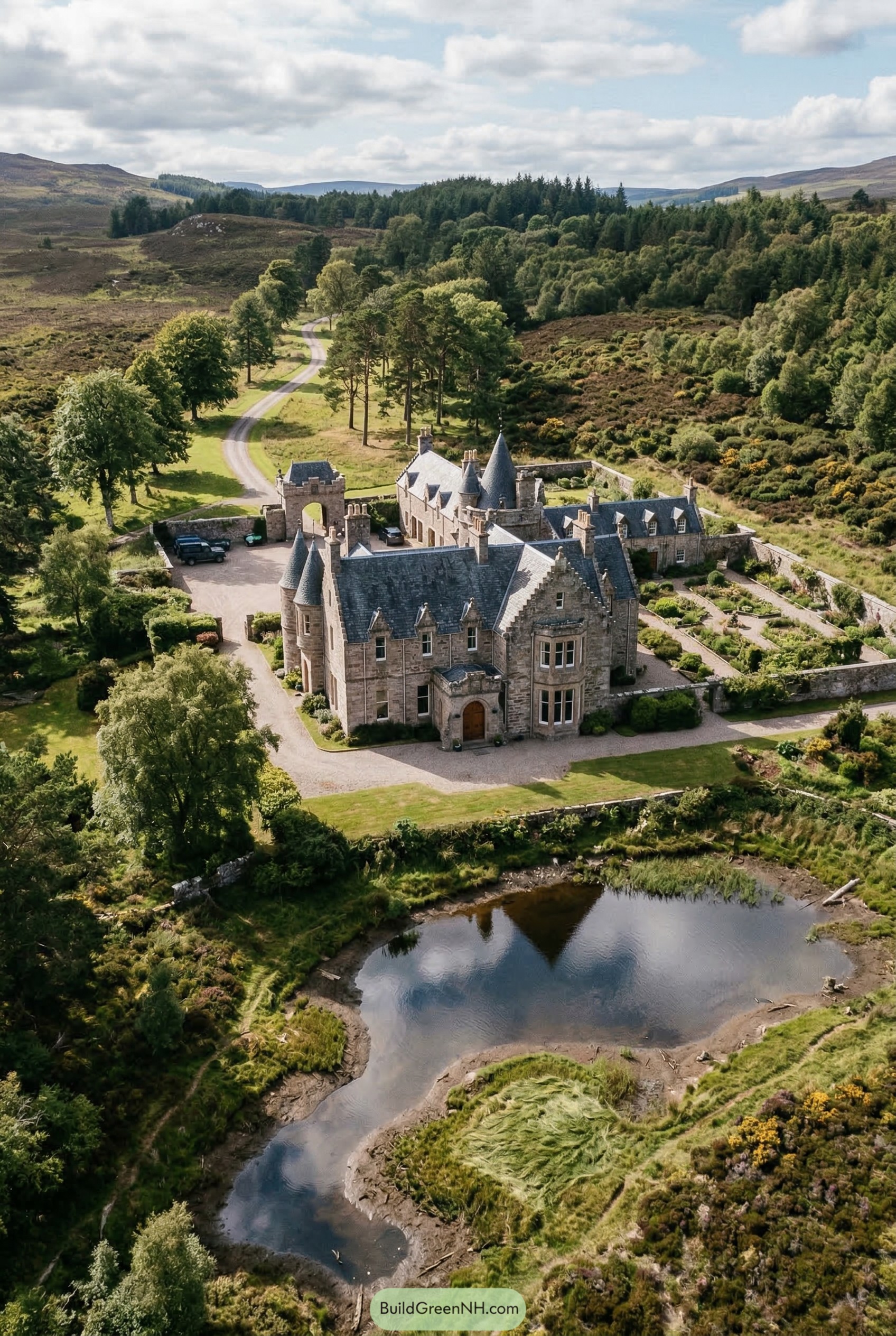 Stone baronial mansion with turrets beside a pond