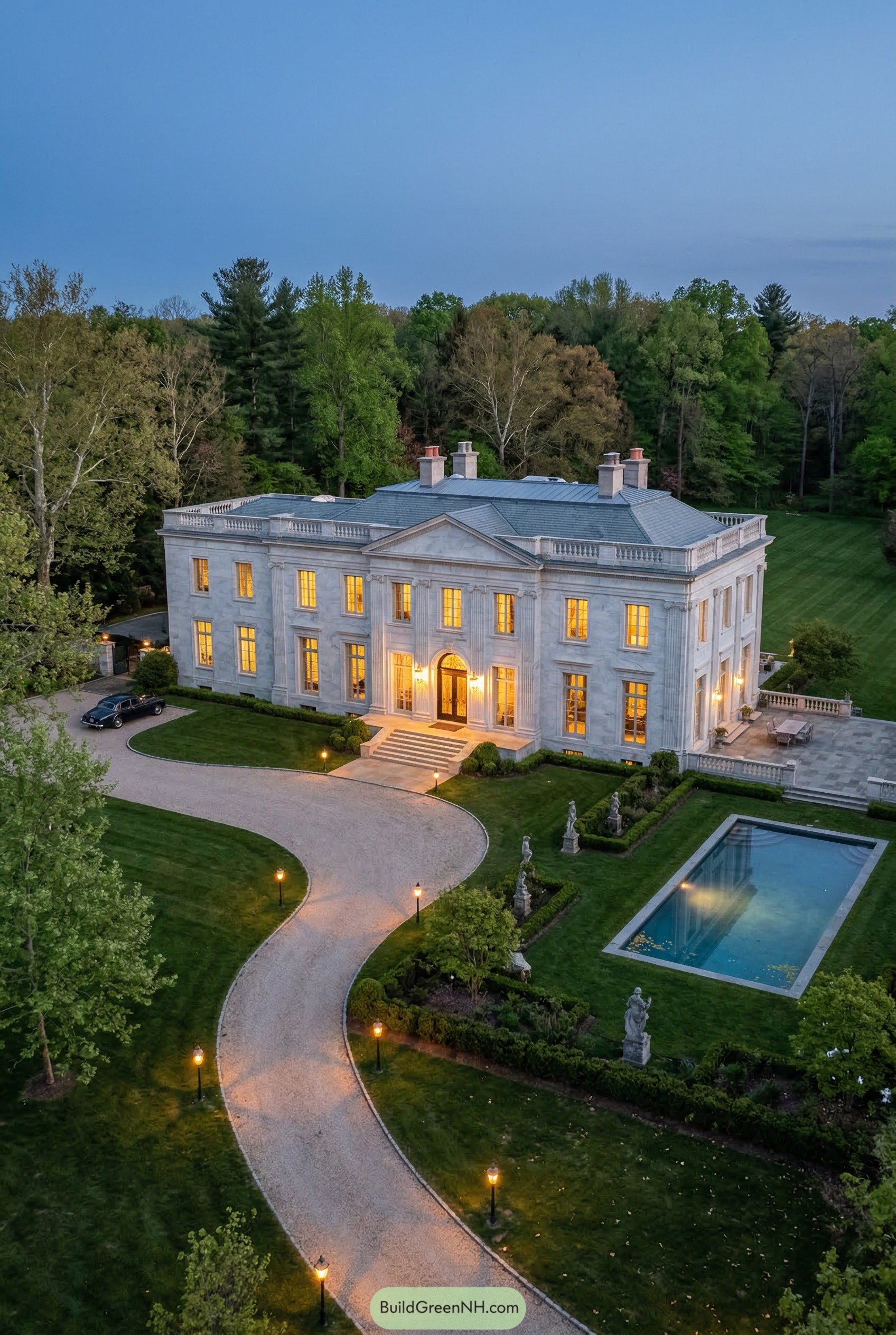 Neoclassical limestone mansion with formal pool