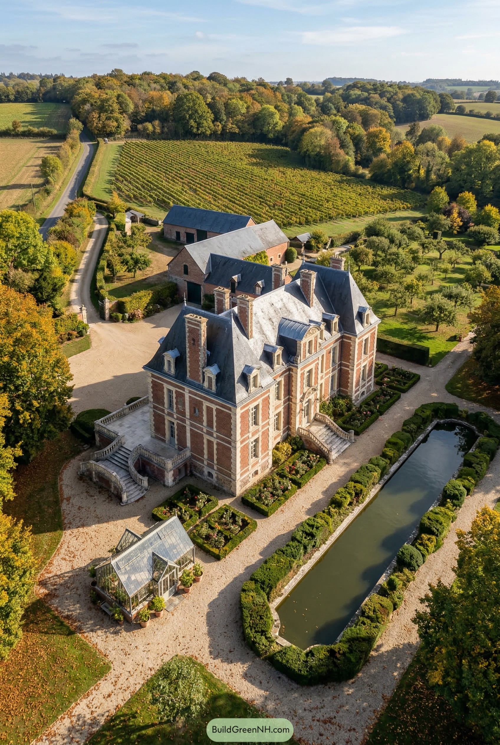 Brick French estate with reflecting pond and vineyard