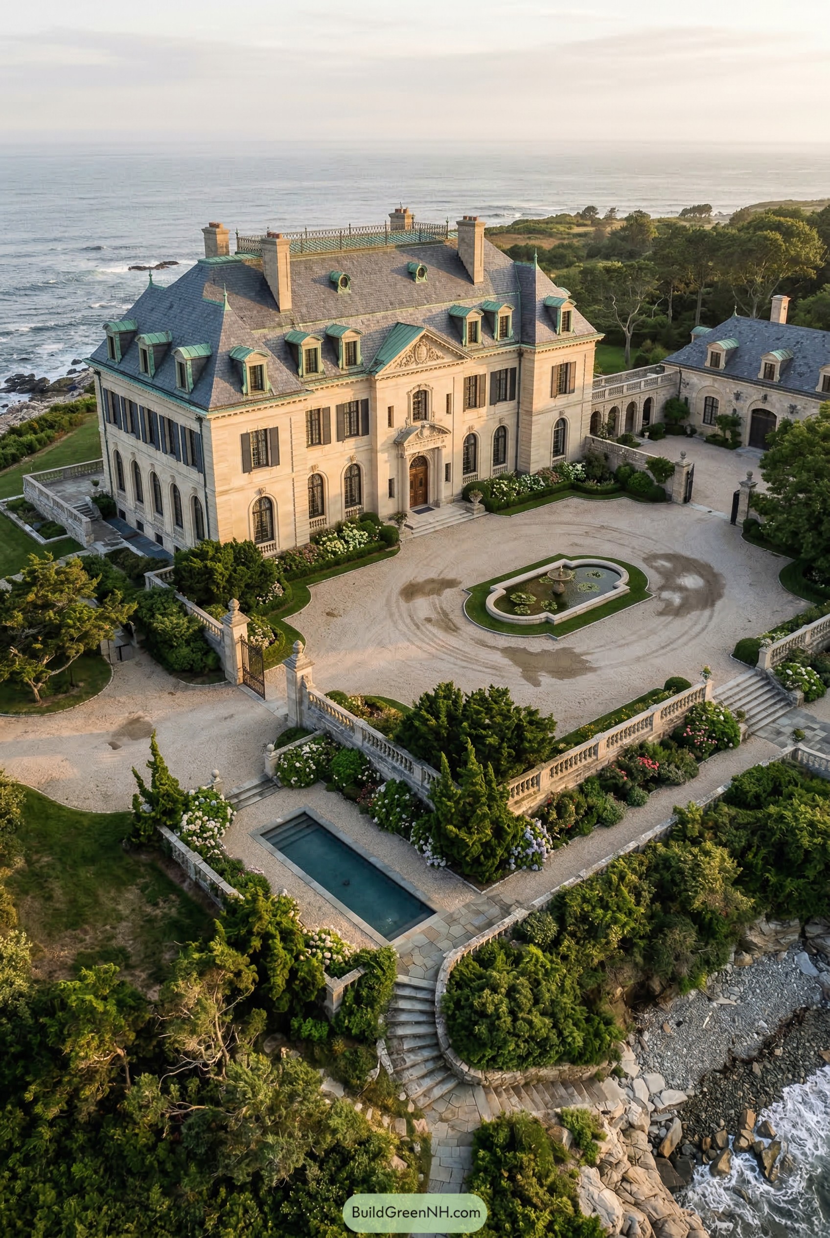 Grand seaside limestone mansion with formal courtyard