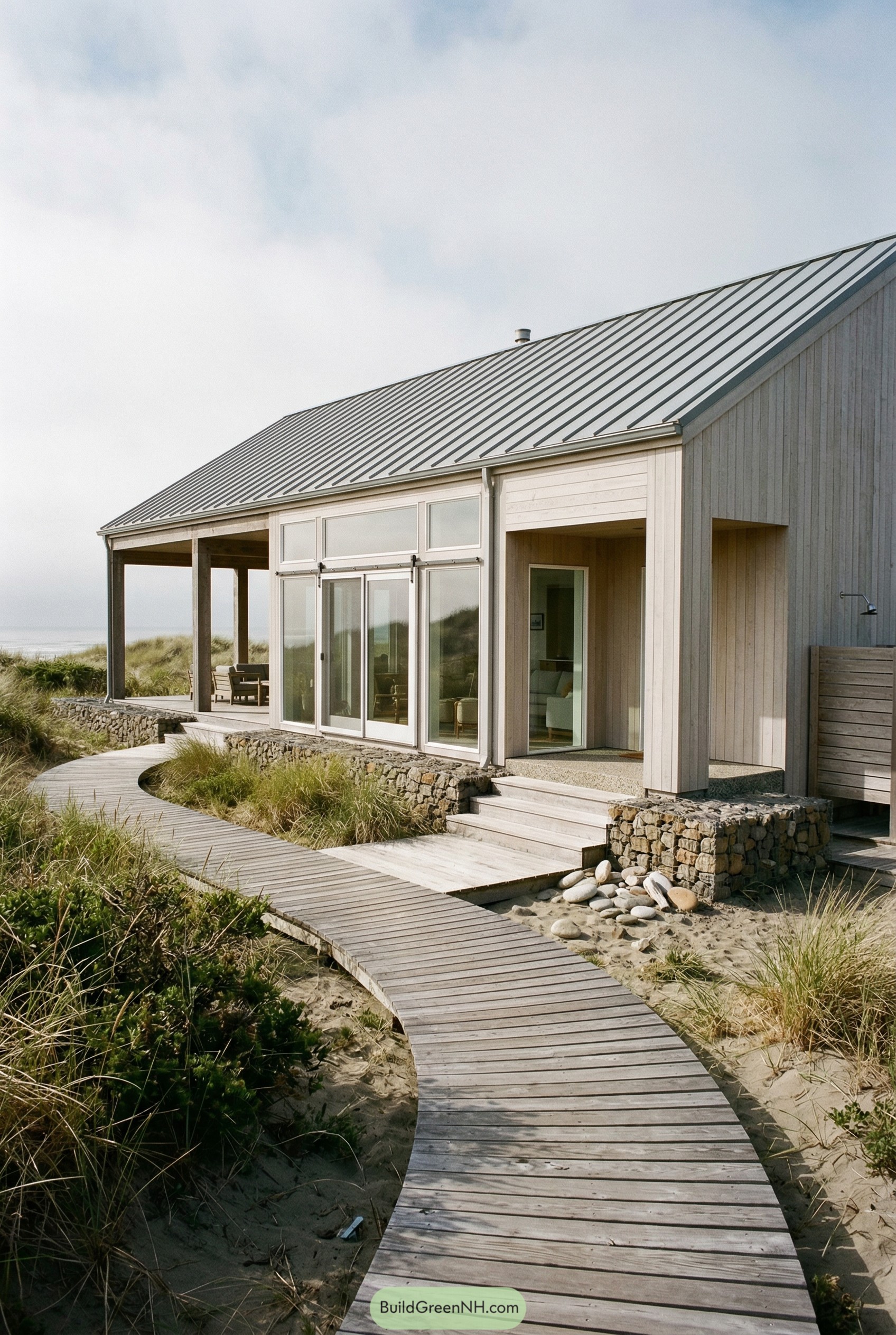 Beachside barndominium with metal roof and boardwalk