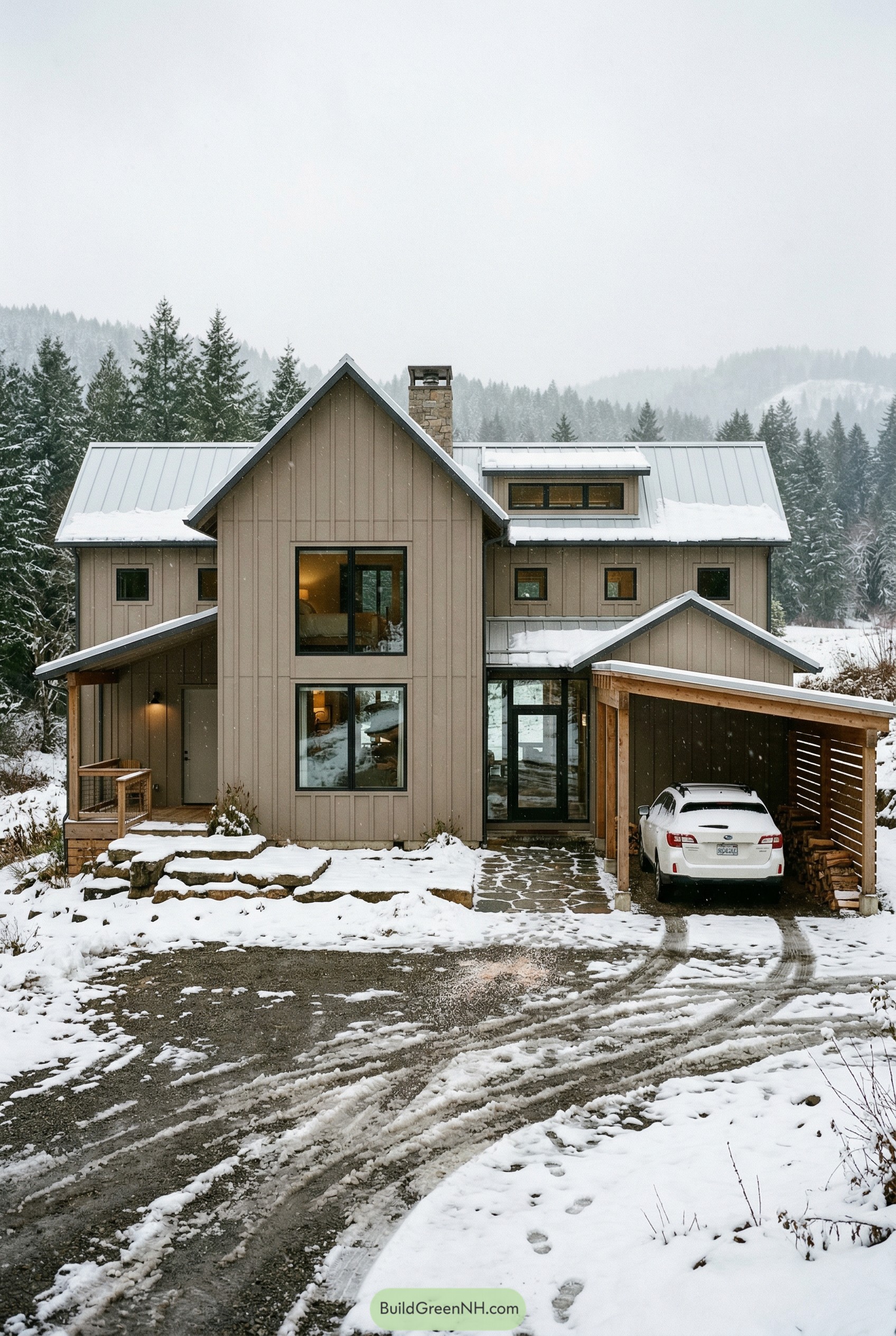 Snowy barndominium with metal roof and carport