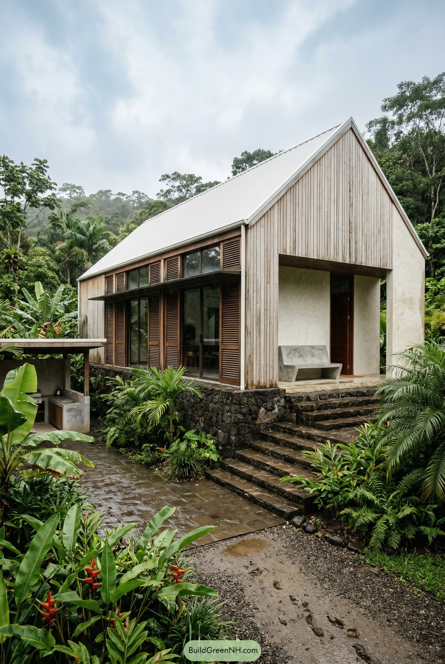 Wood clad tropical barn home with shutters