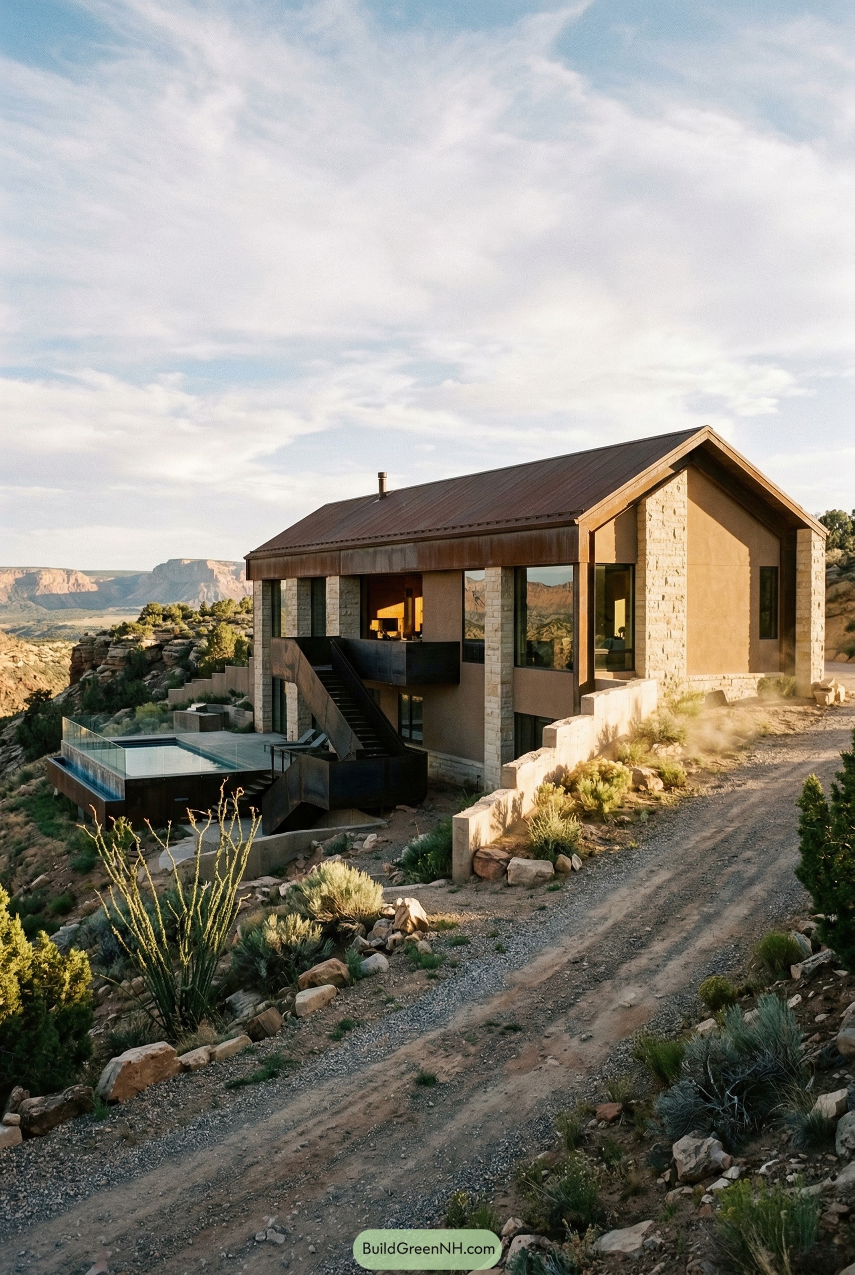 Desert cliffside barndominium with pool