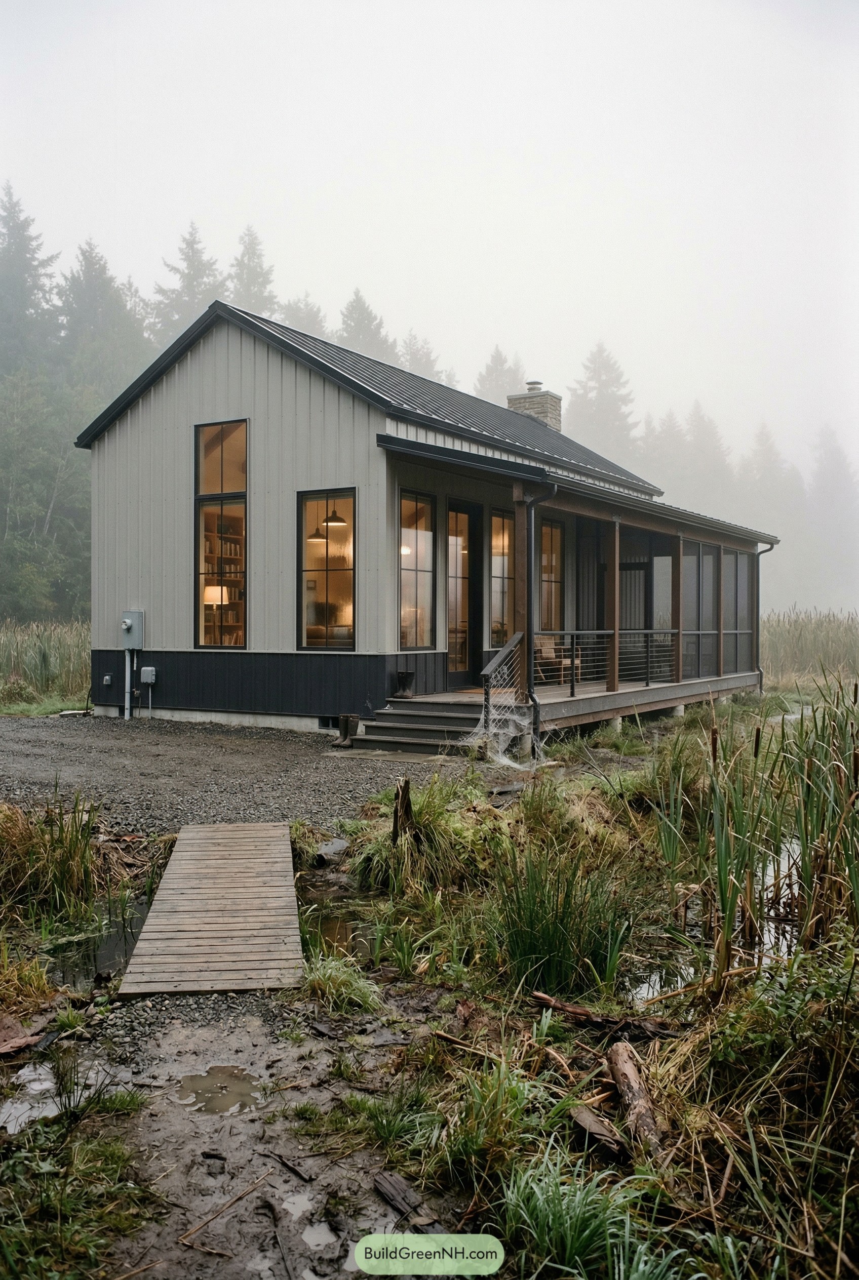 Modern barn home with screened porch by marsh