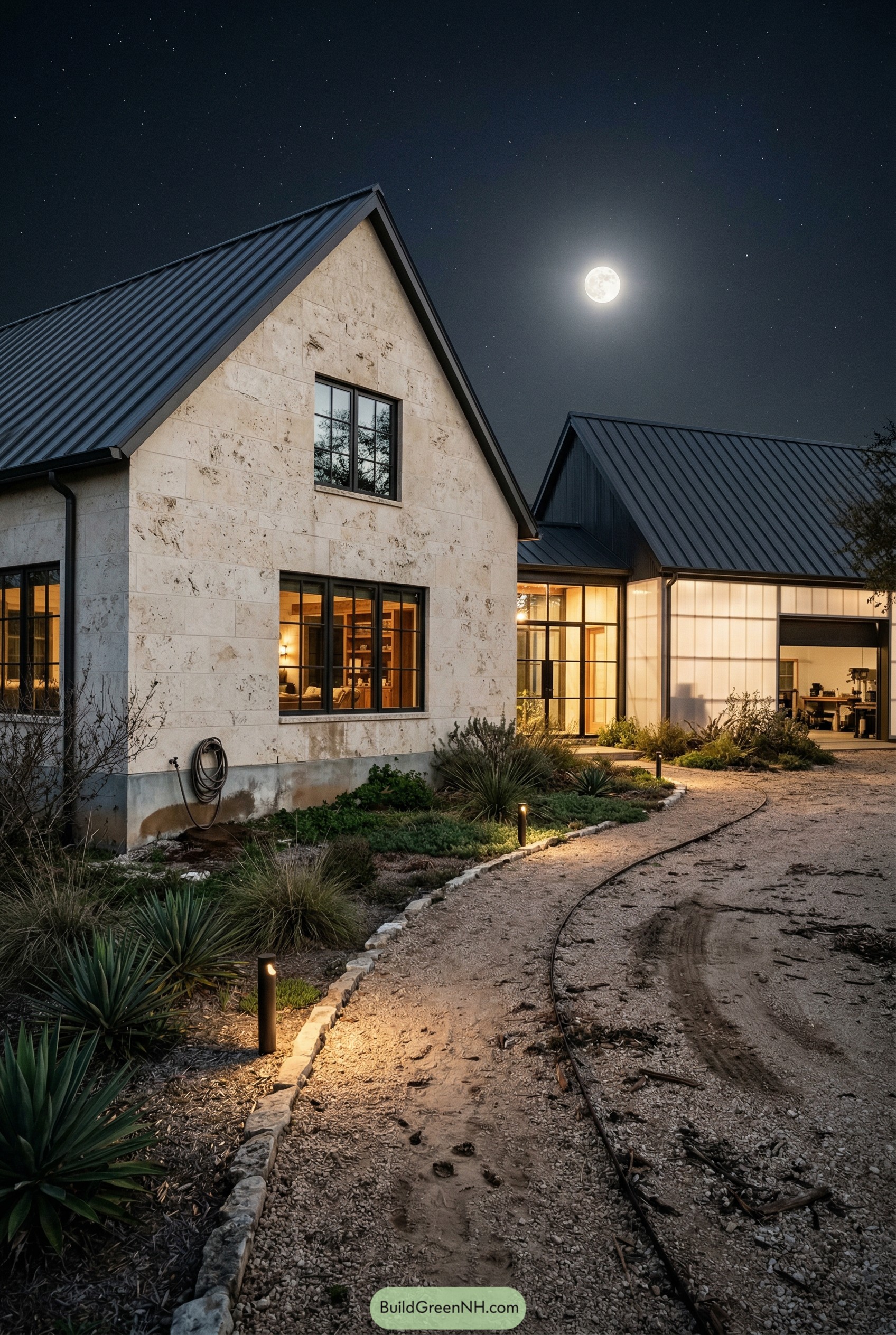 Stone-clad gabled barndominium under a full moon