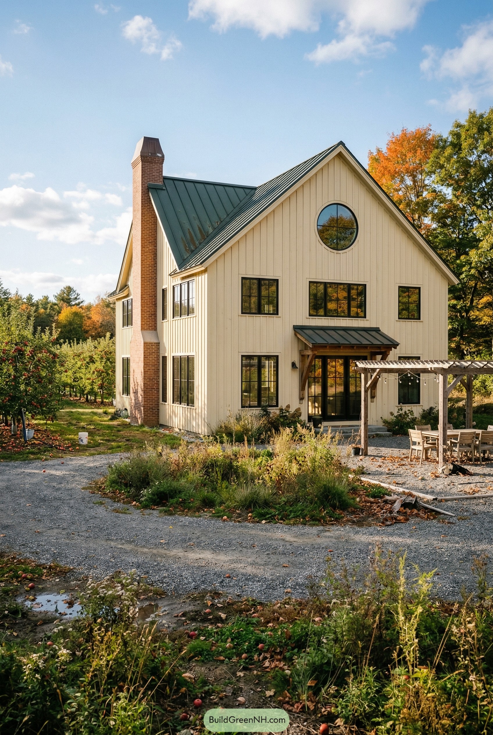 Cream barn home with green metal roof and brick chimney beside an orchard