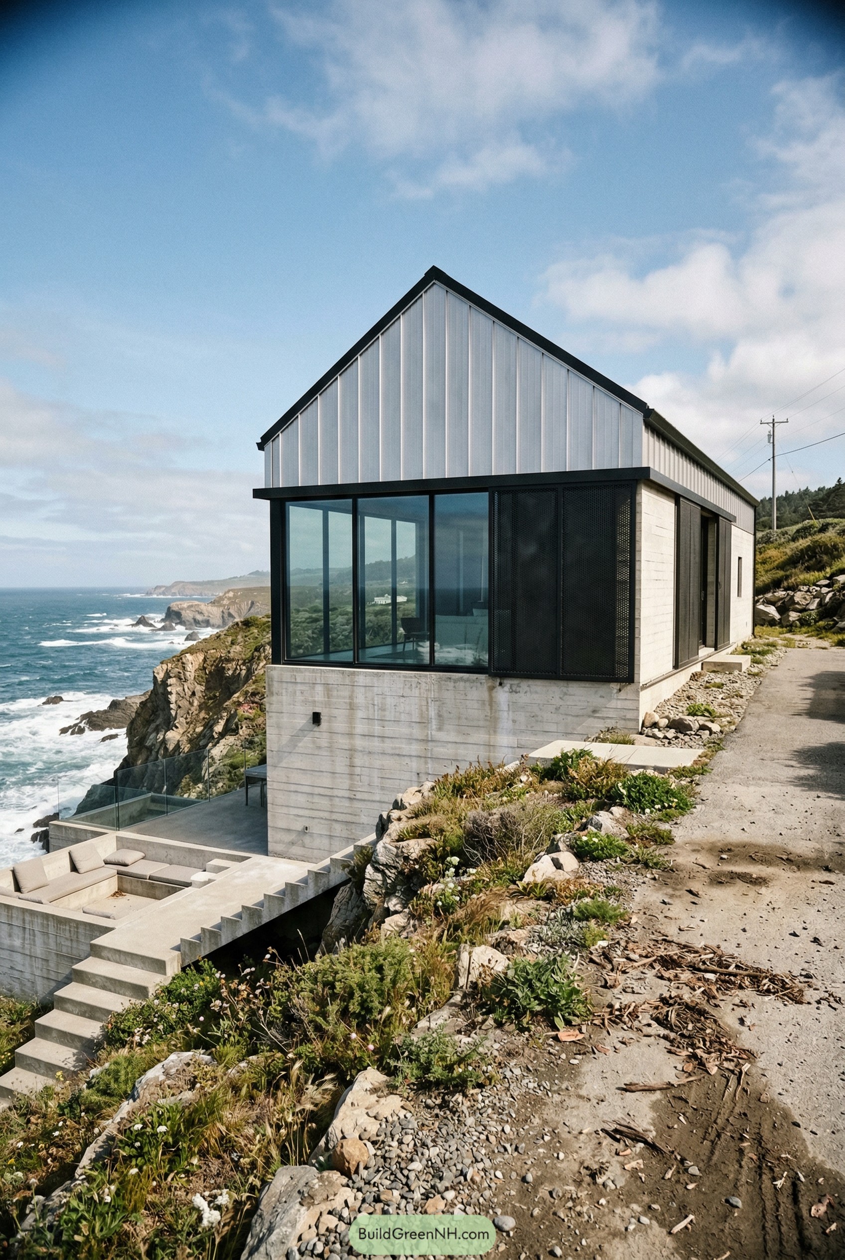 Modern cliffside barn home with ocean terrace