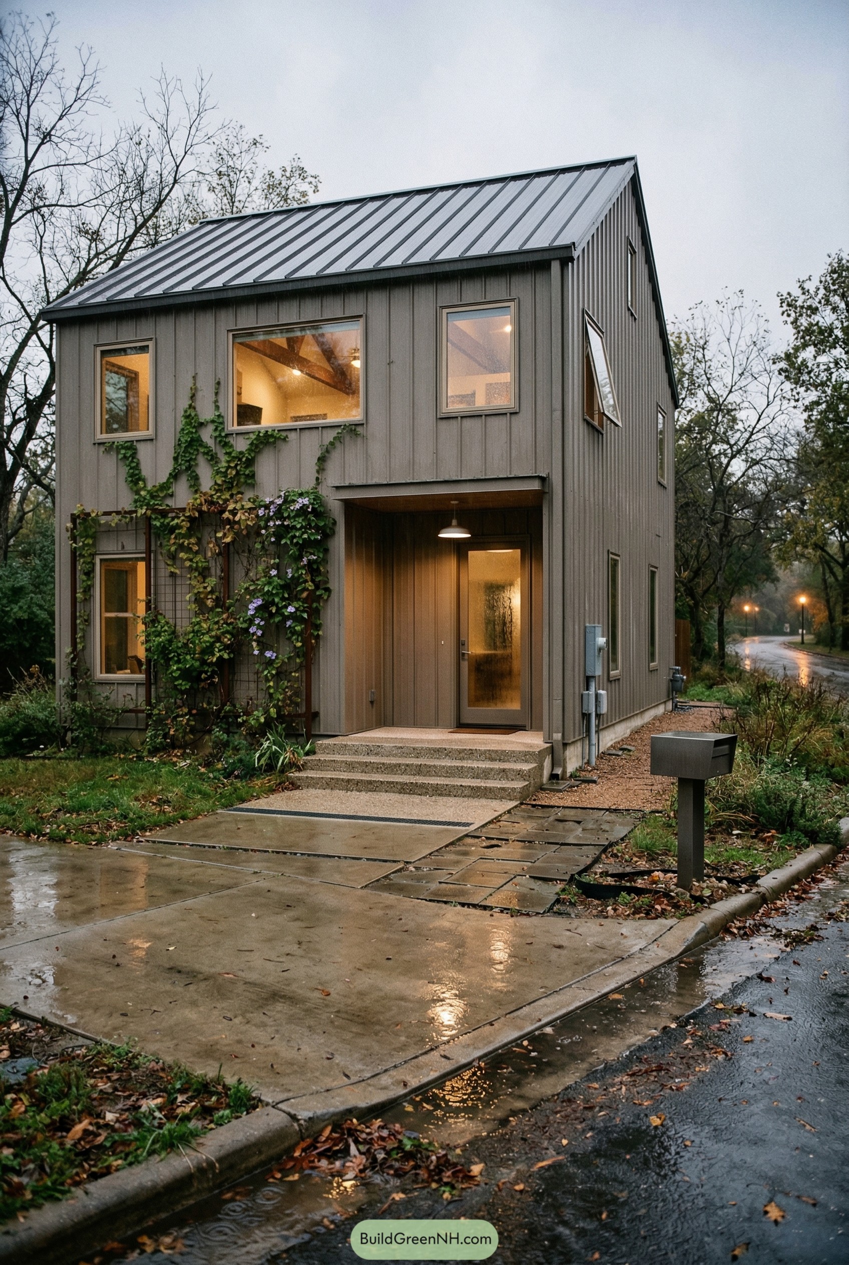 Slim gray gabled home with vine trellis