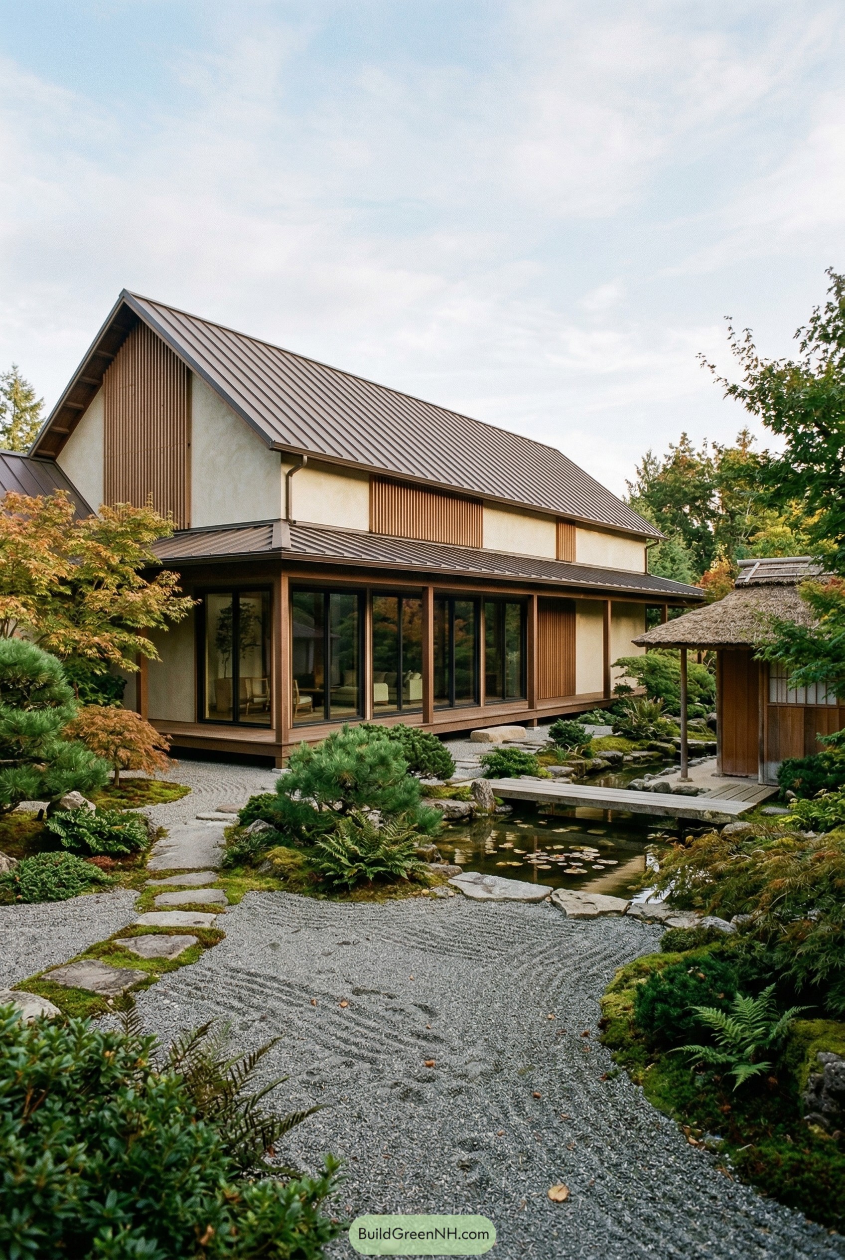 Japanese inspired barndominium with pond garden