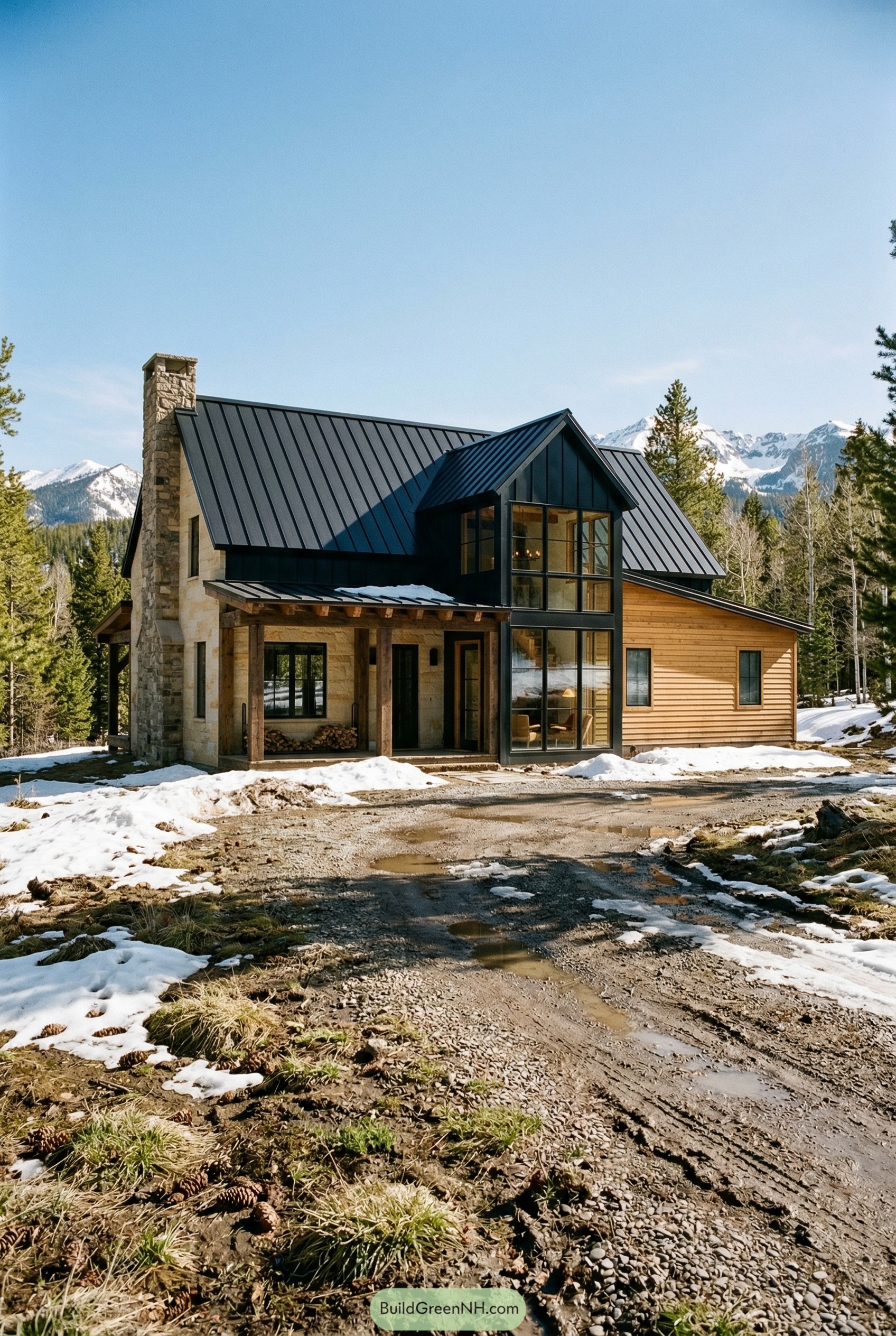 Modern mountain home with black metal roof and stone chimney