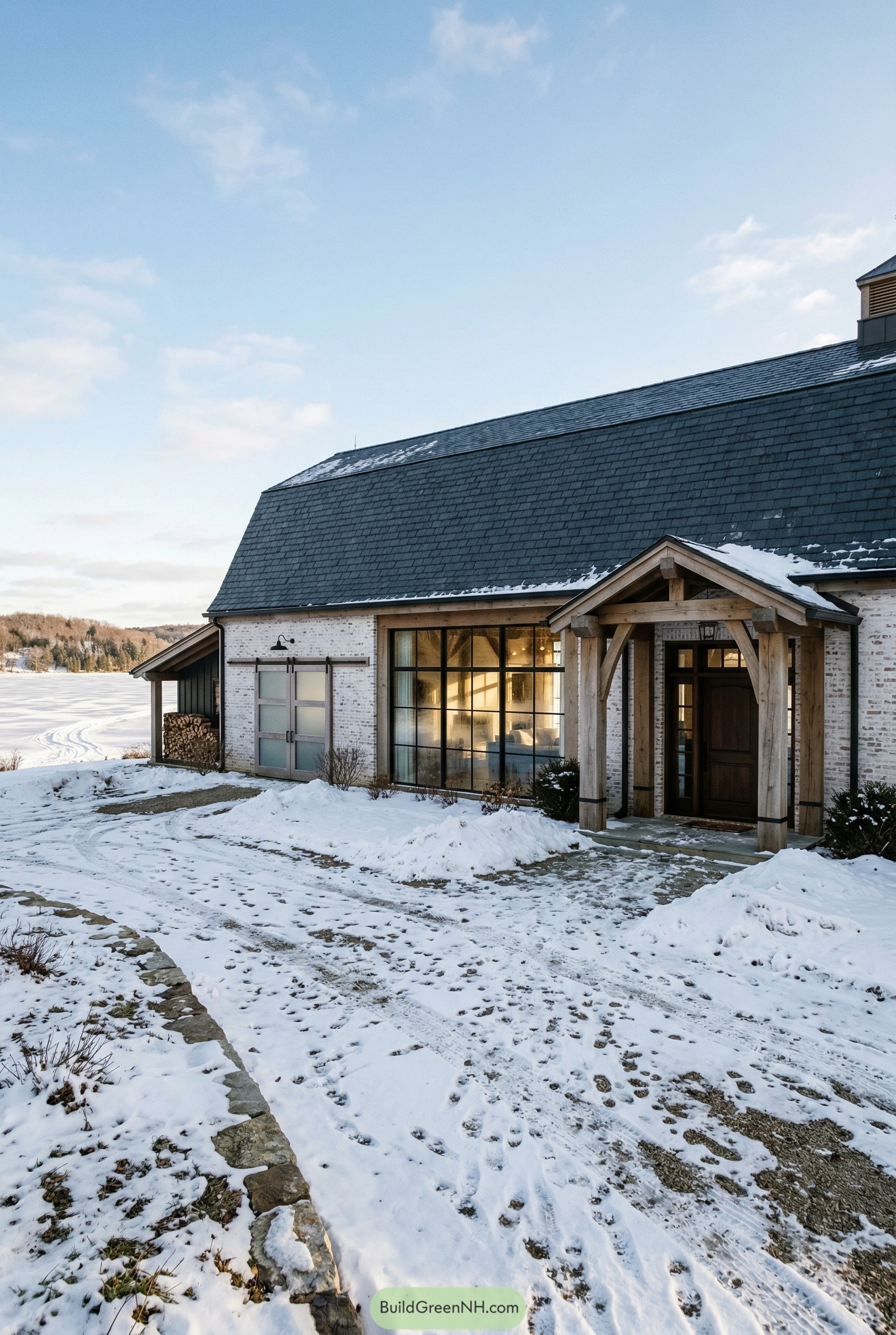 Snowy barndominium with timber porch and black roof