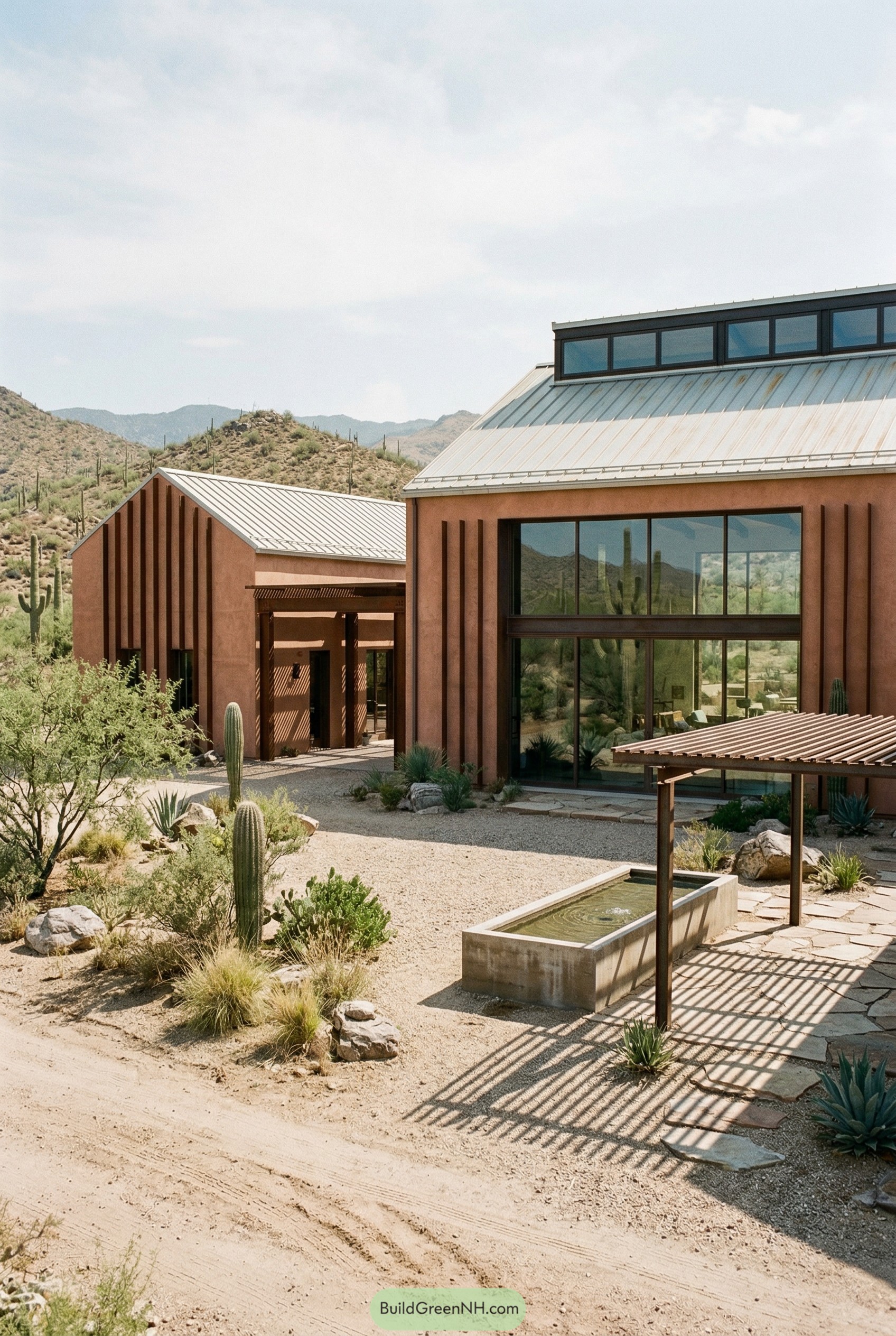 Modern desert barndominium with clerestory roof and pergola
