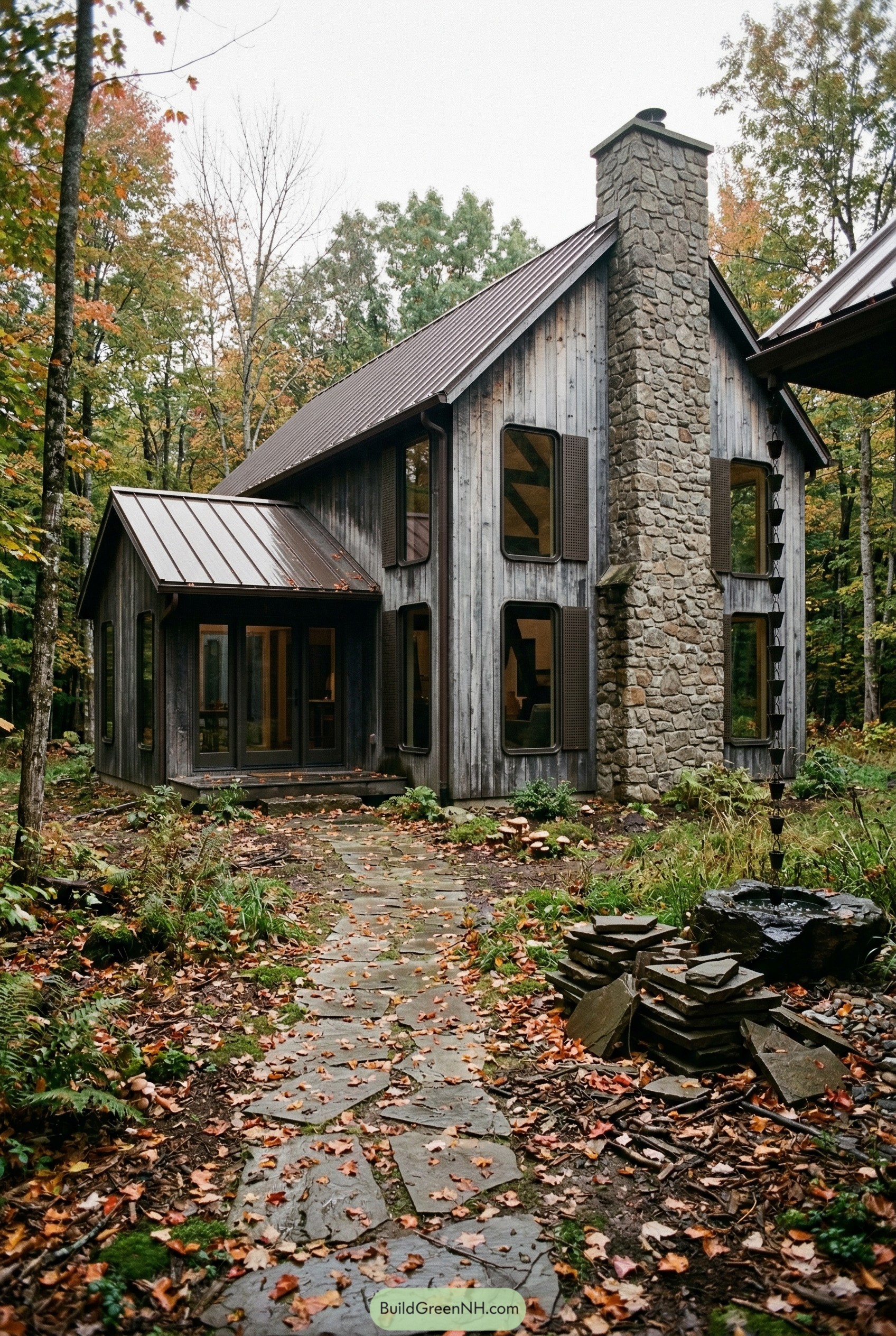 Wood clad barndominium with stone chimney in fall woods