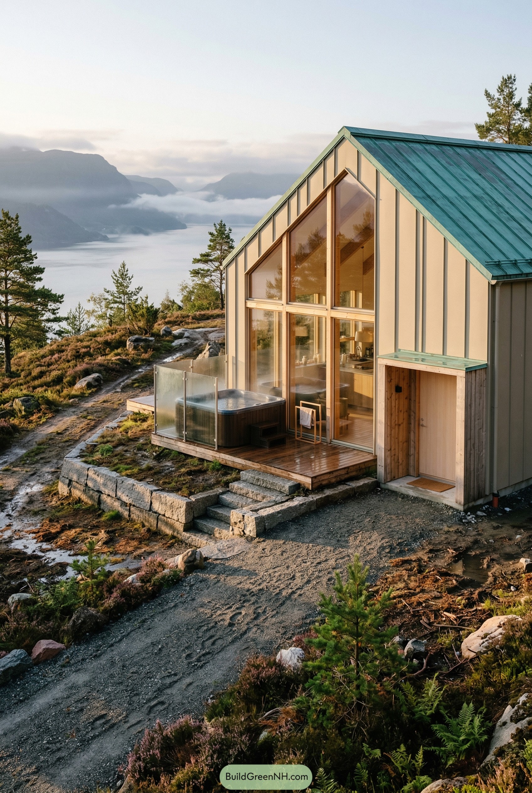 Modern barn cabin with green roof by a fjord