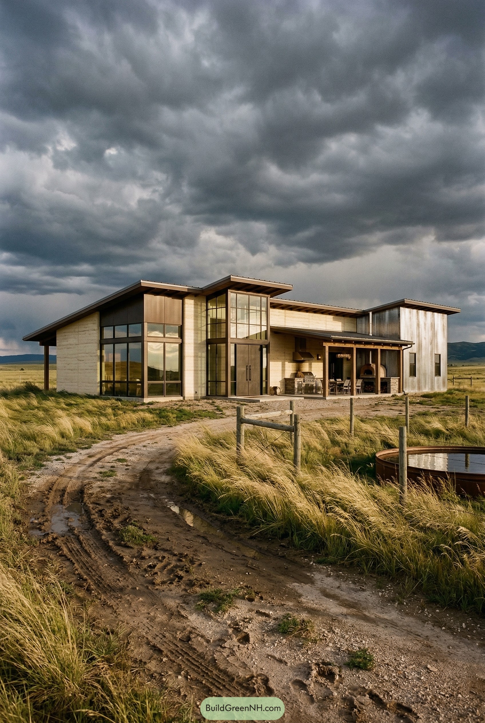 Modern prairie barndominium with glazed entry and patio