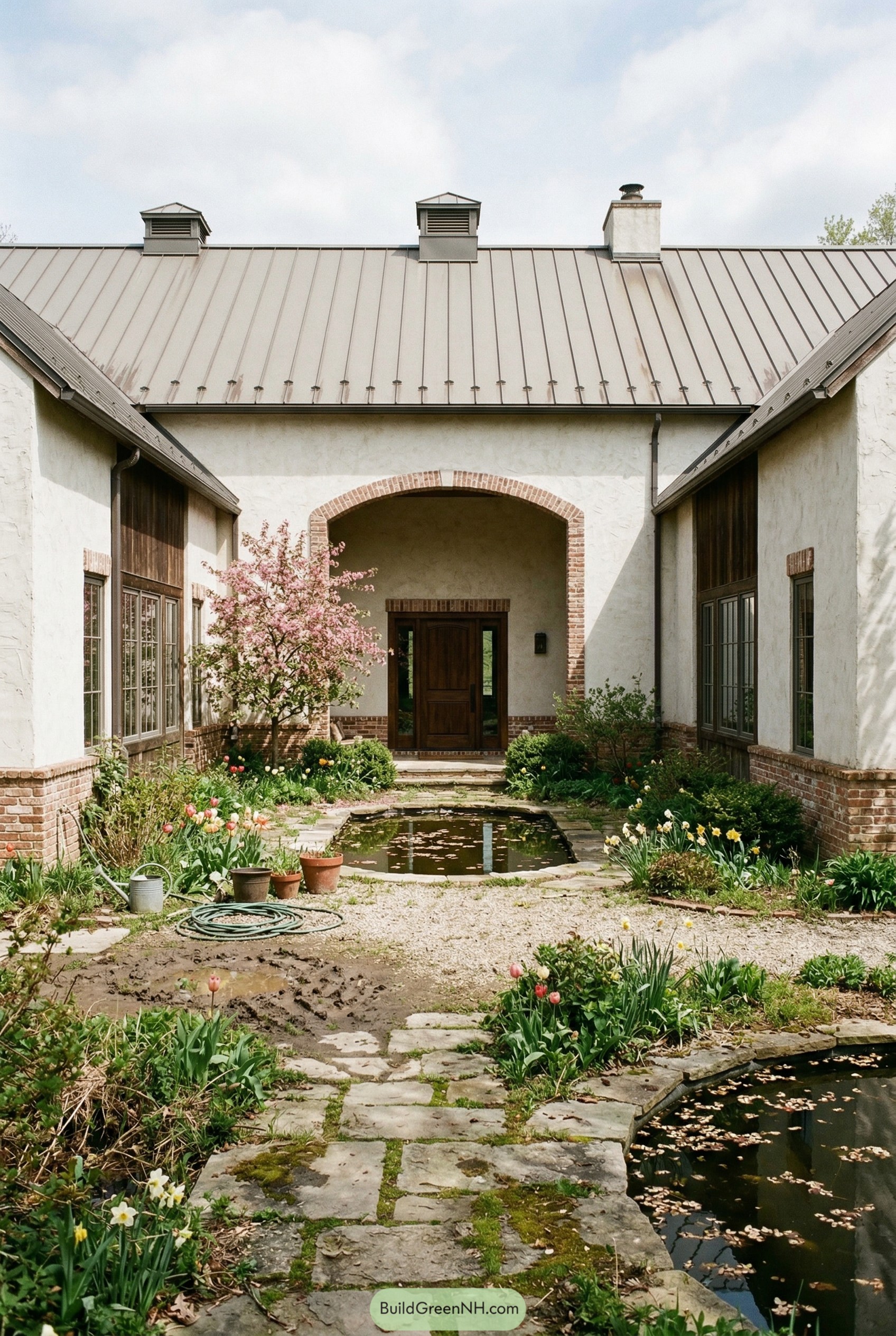 Stucco courtyard barndominium with brick arch and pond