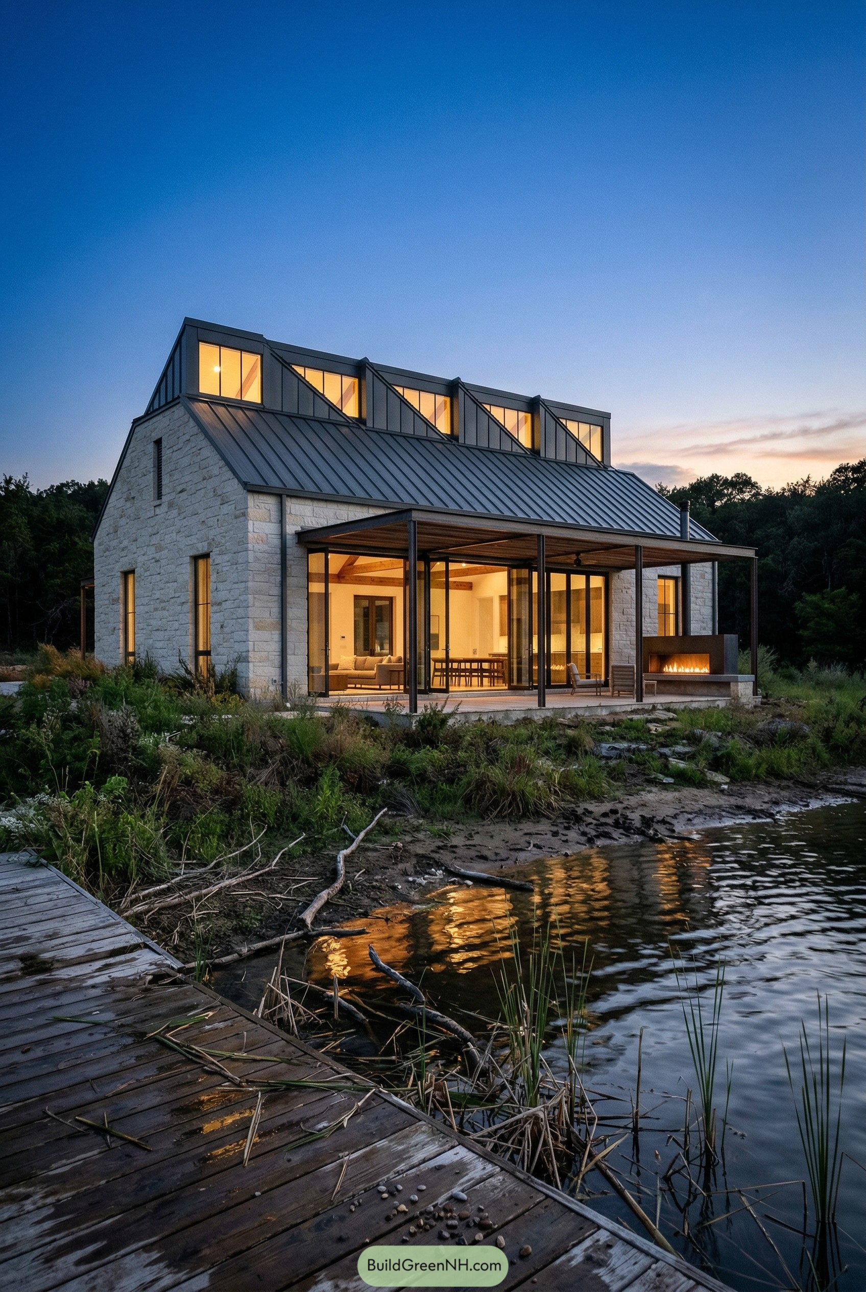 Lakeside limestone barndominium with covered porch