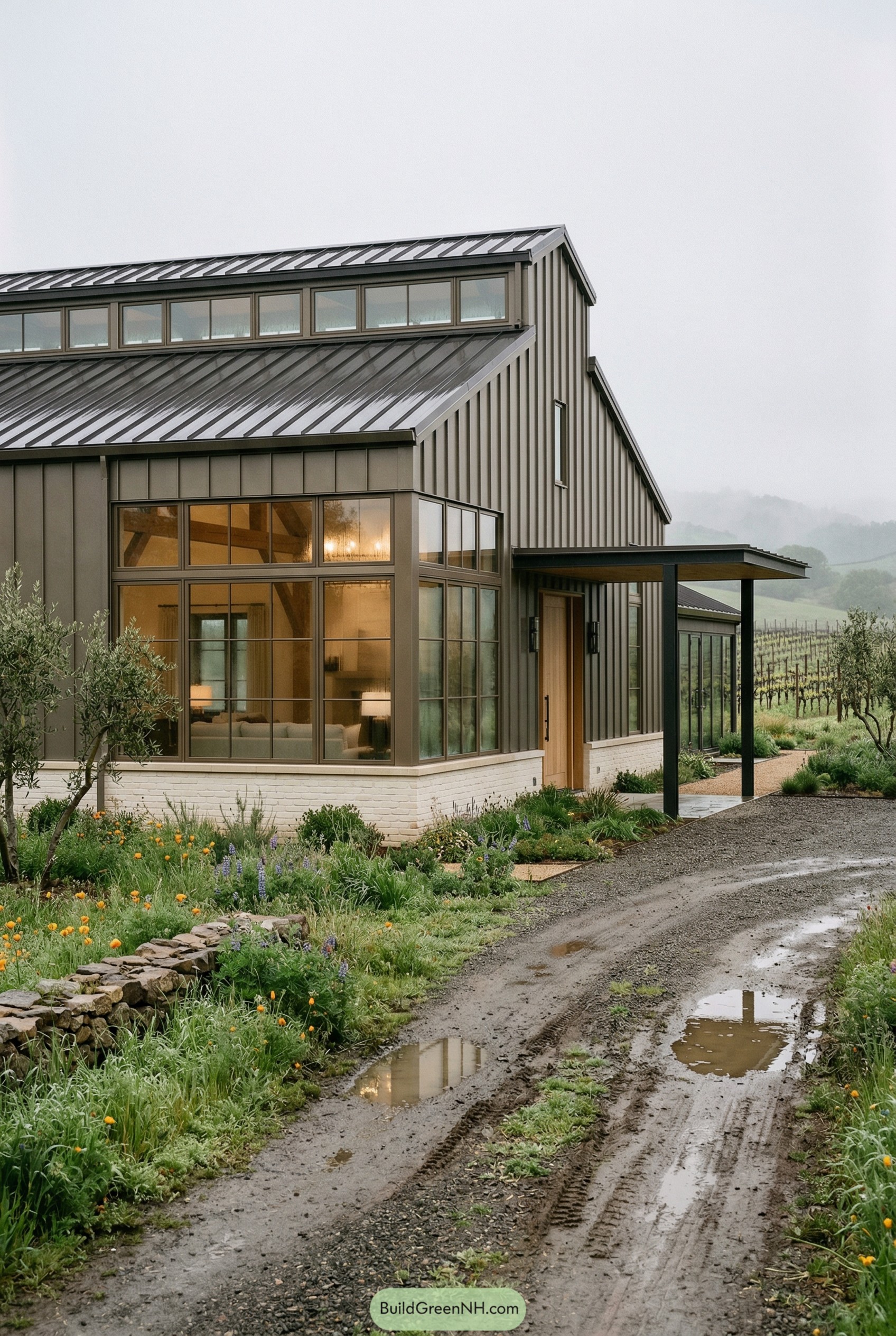 Modern barn home with metal siding and clerestory windows