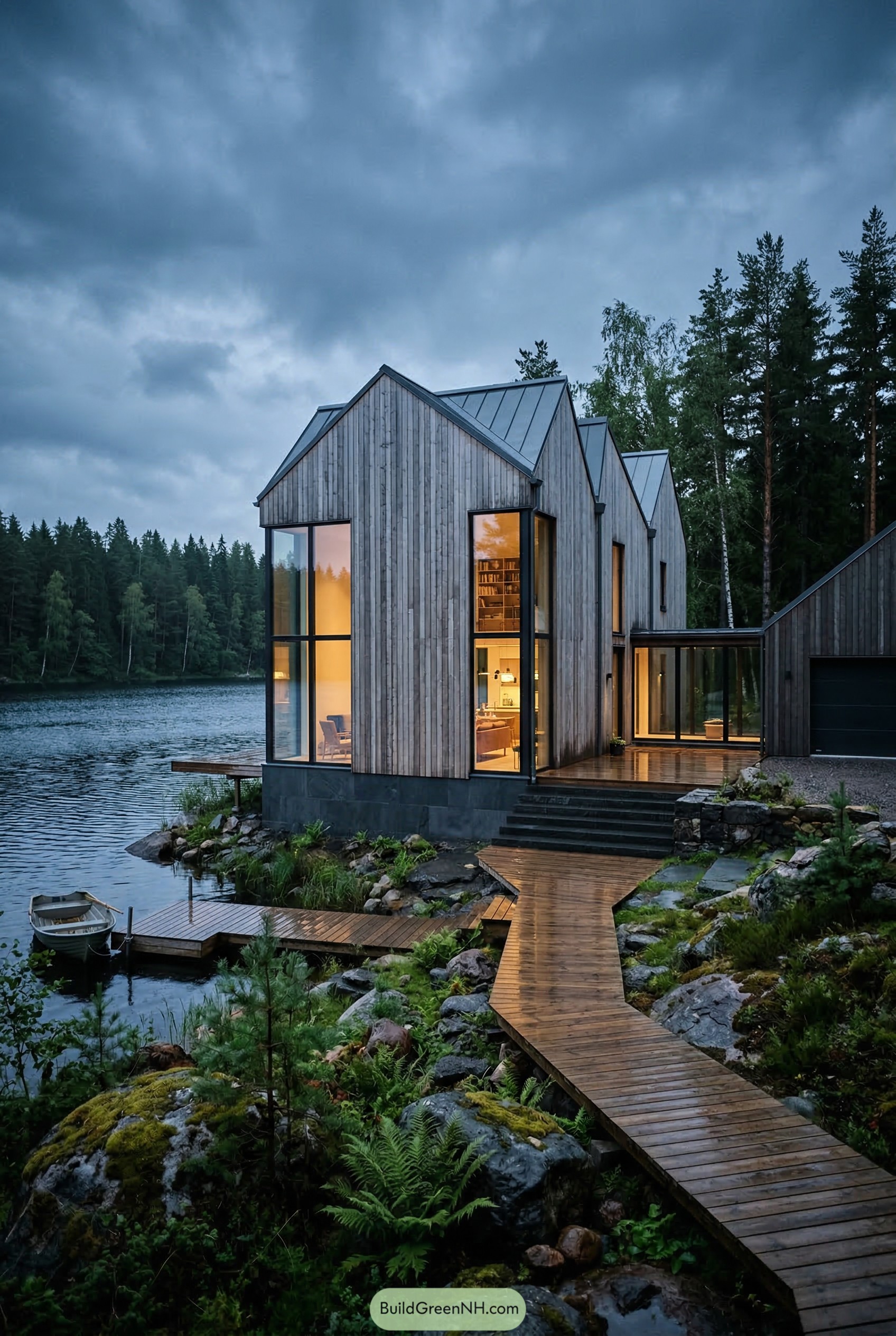 Modern timber lakeside home with steep gables and dock