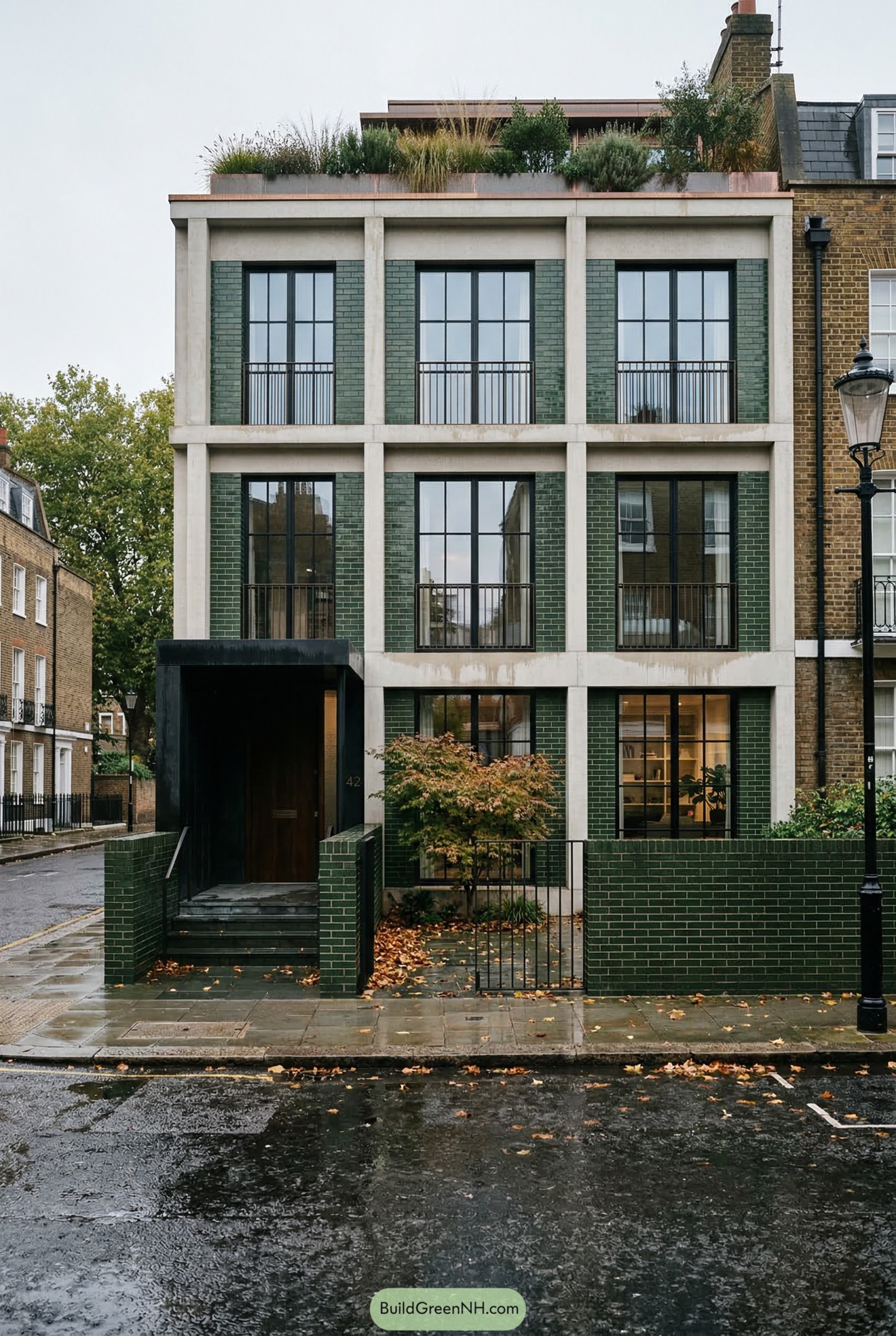 Modern green brick townhouse with rooftop garden