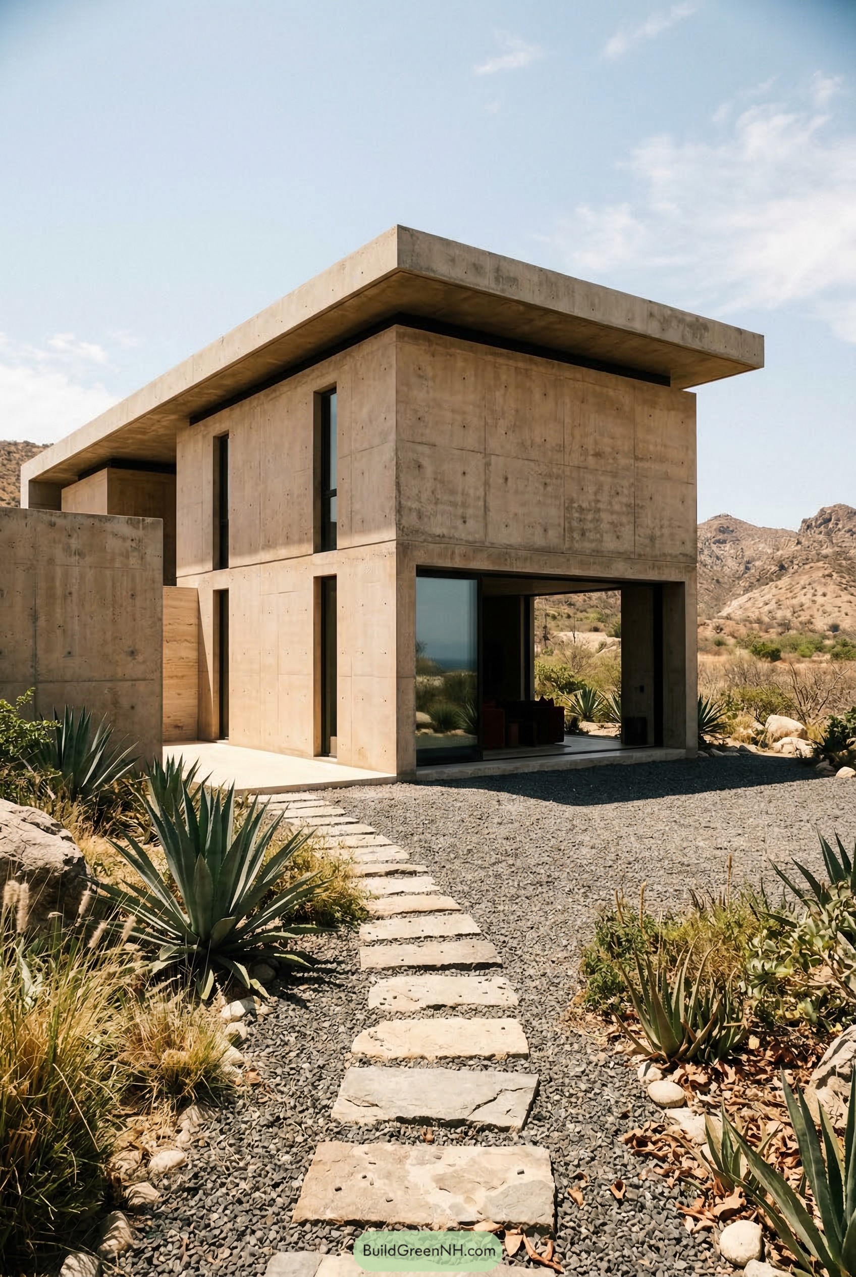Concrete desert home with deep roof overhang