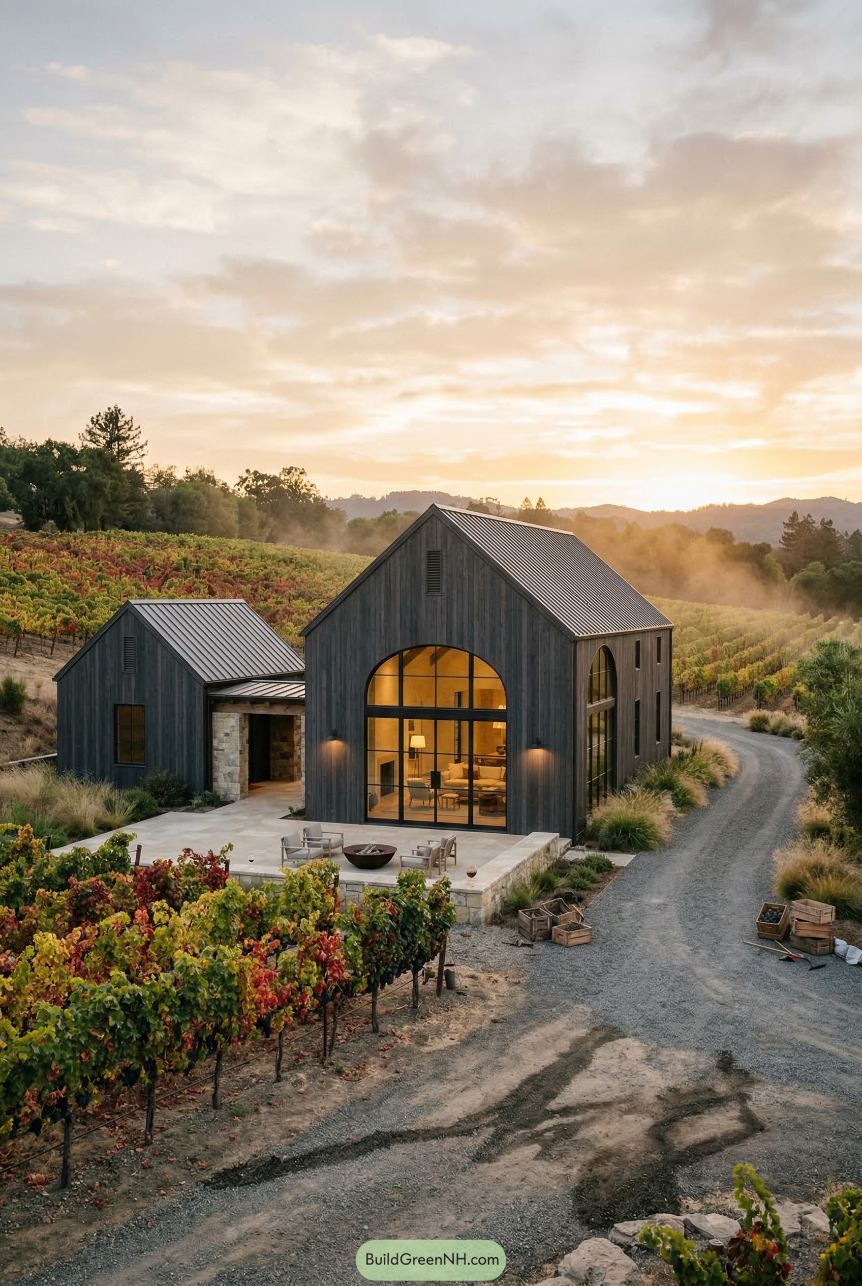 Dark barn-style house in a vineyard