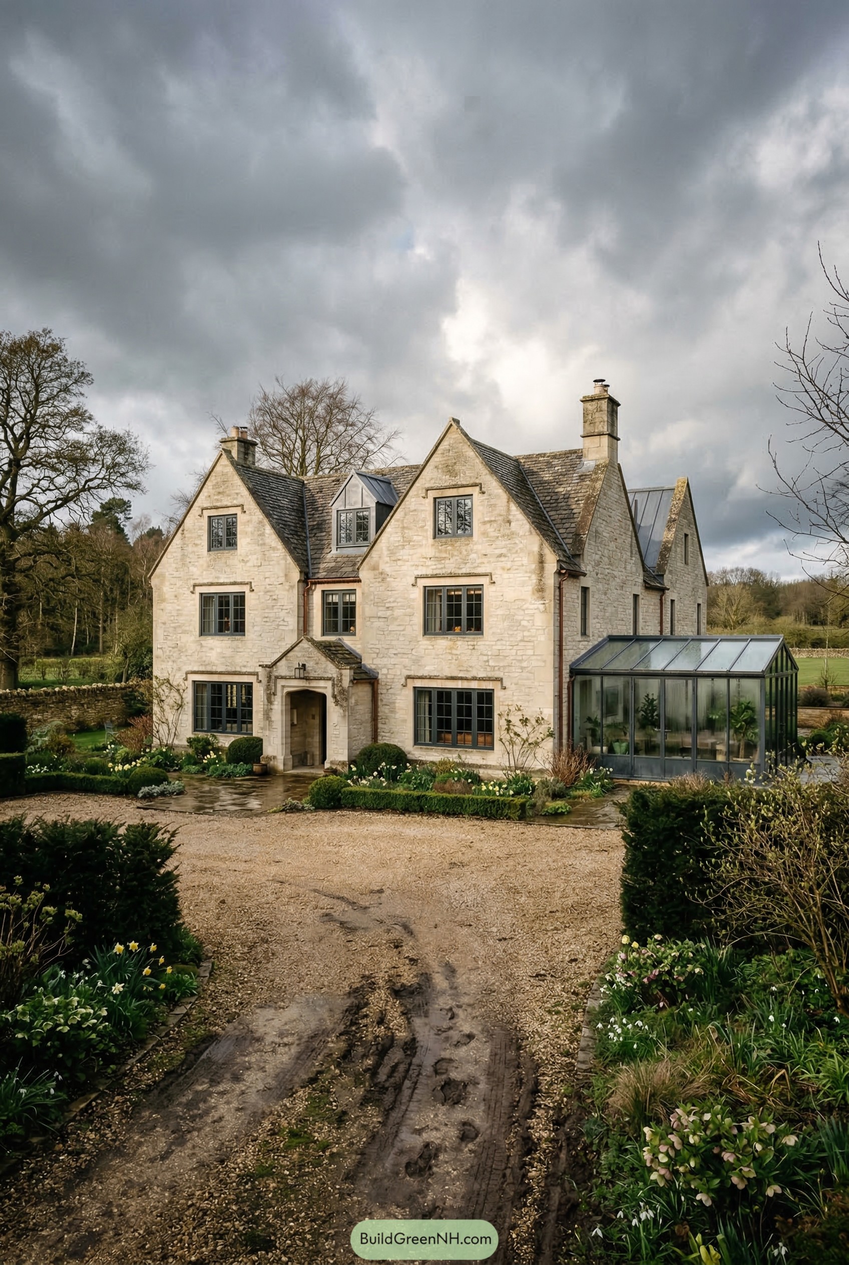 Stone country manor with side conservatory
