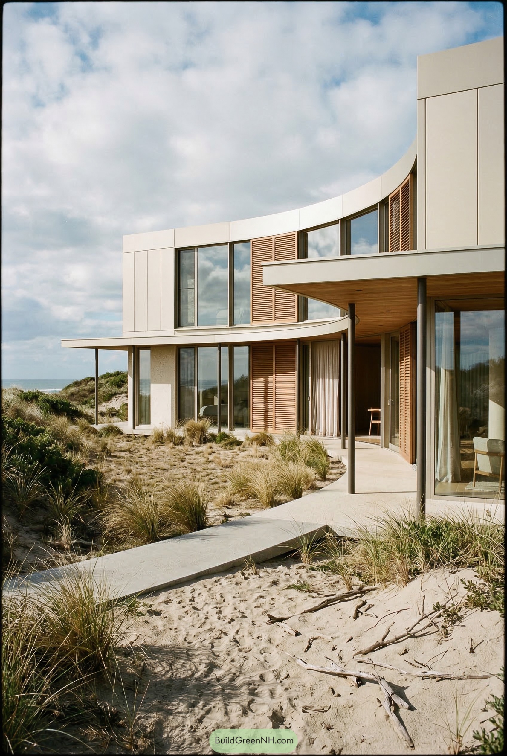Curved coastal home set in dunes