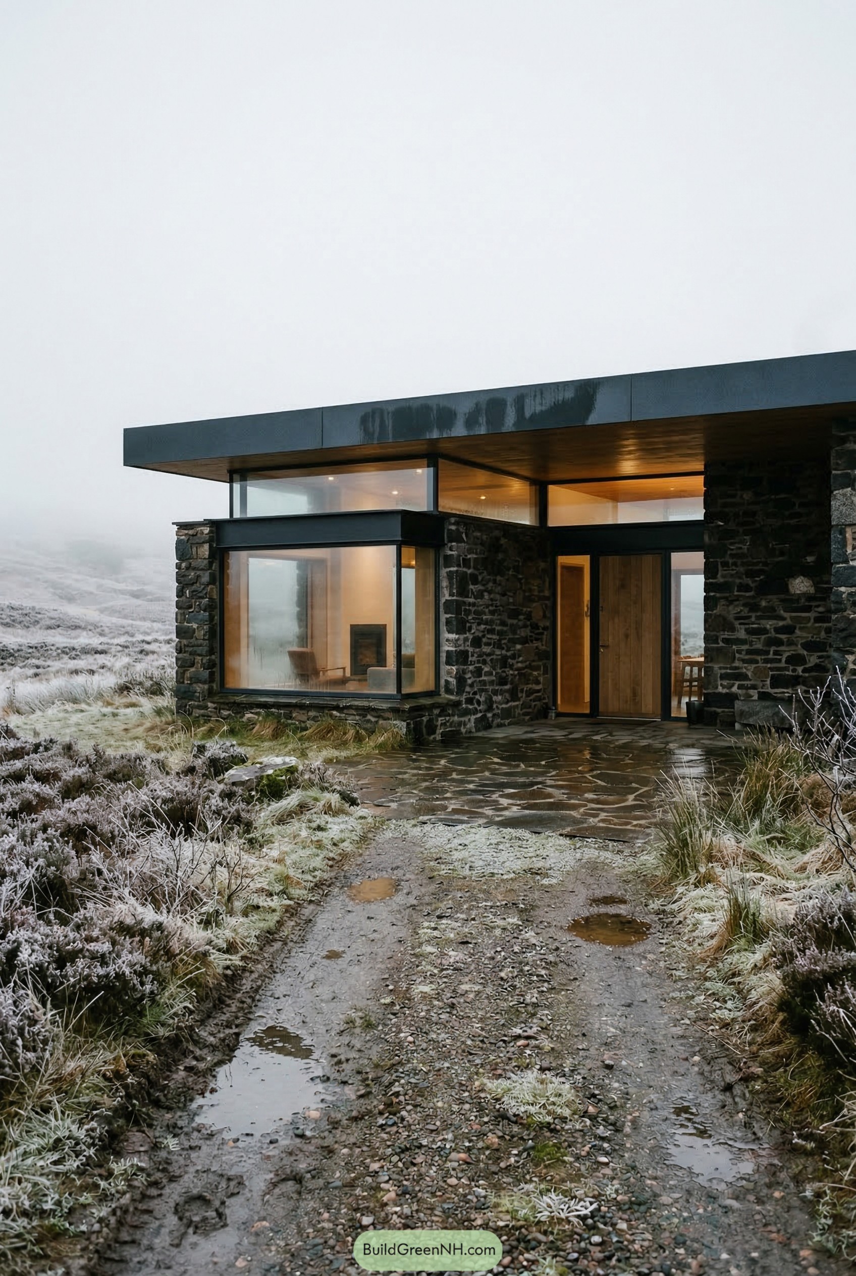 Modern stone house with flat roof in frosty moorland