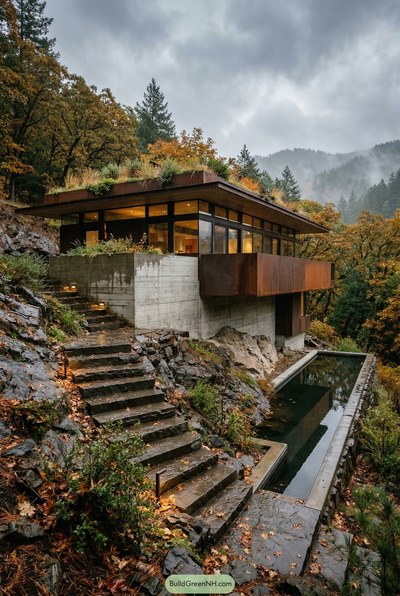 Modern hillside home with green roof and reflecting pool