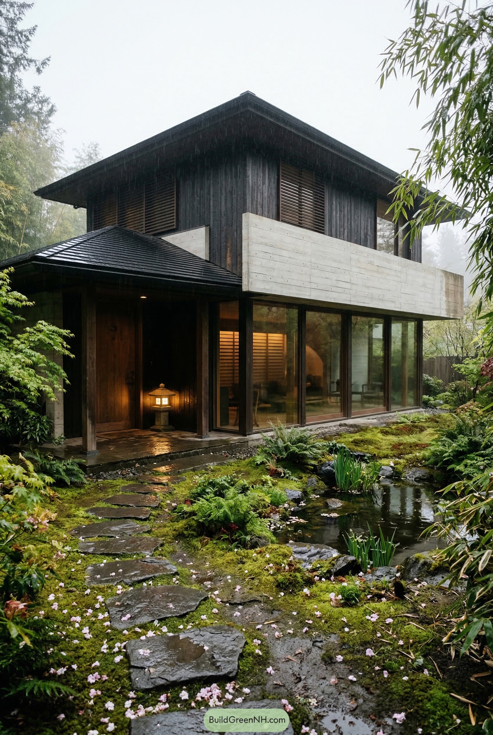 Modern dark wood home with moss pond