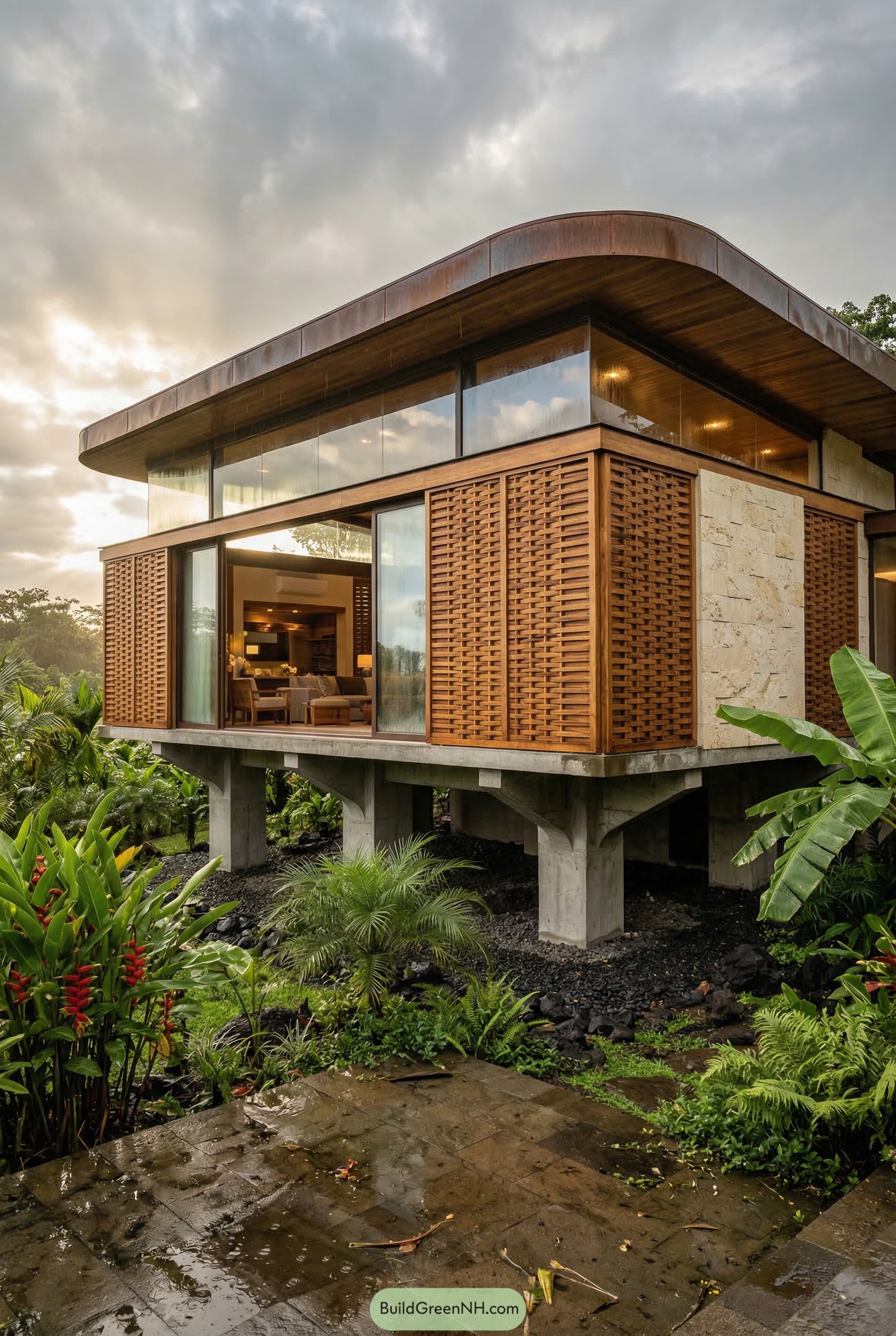 Elevated tropical house with wood screens