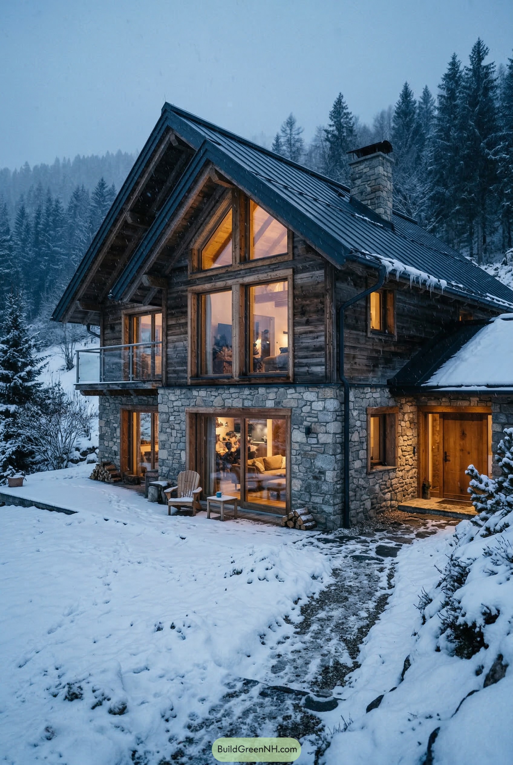 Stone and timber chalet in snowy forest