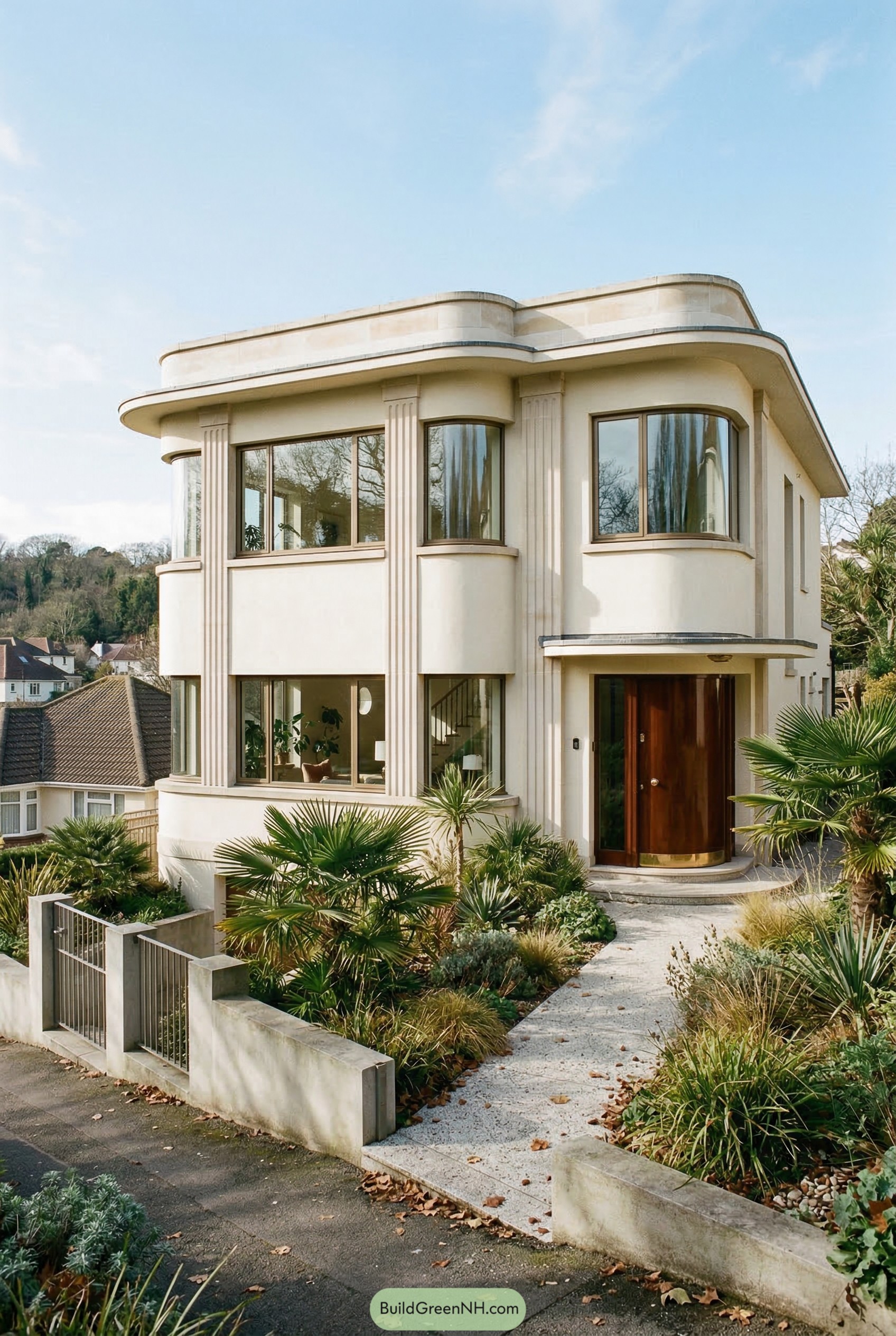 Cream stucco house with curved windows