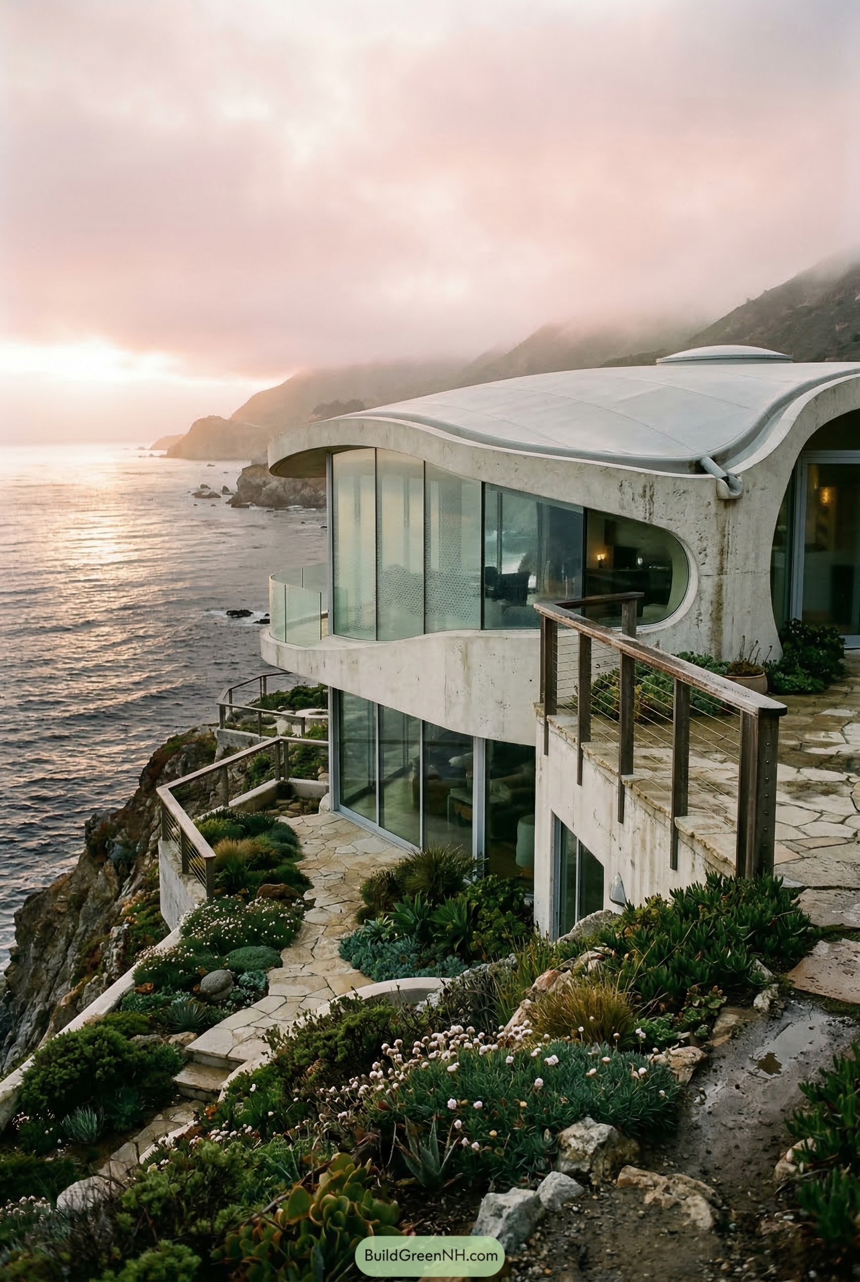 Curved concrete cliff house above the ocean