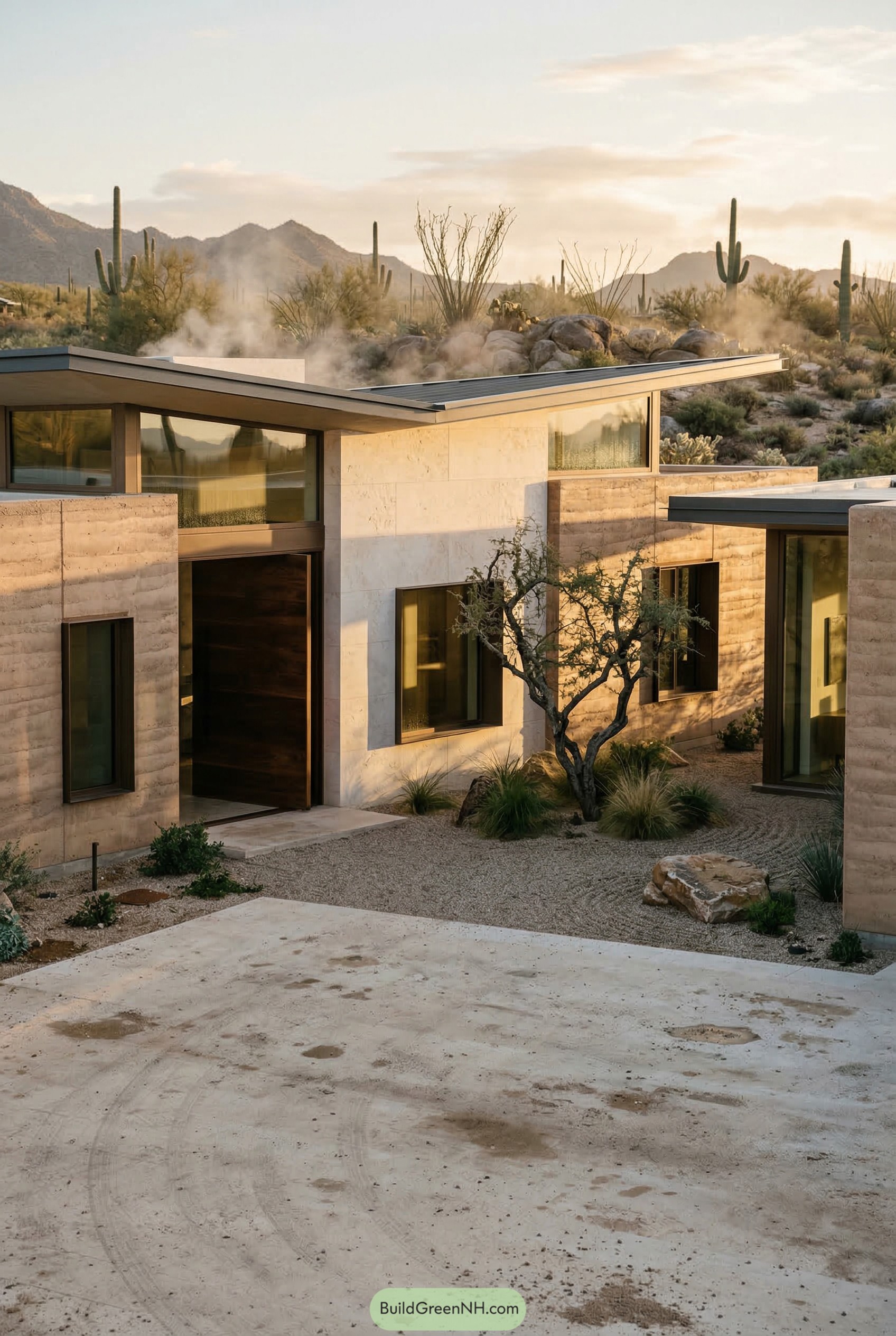 Modern desert home with stone walls and flat roofs