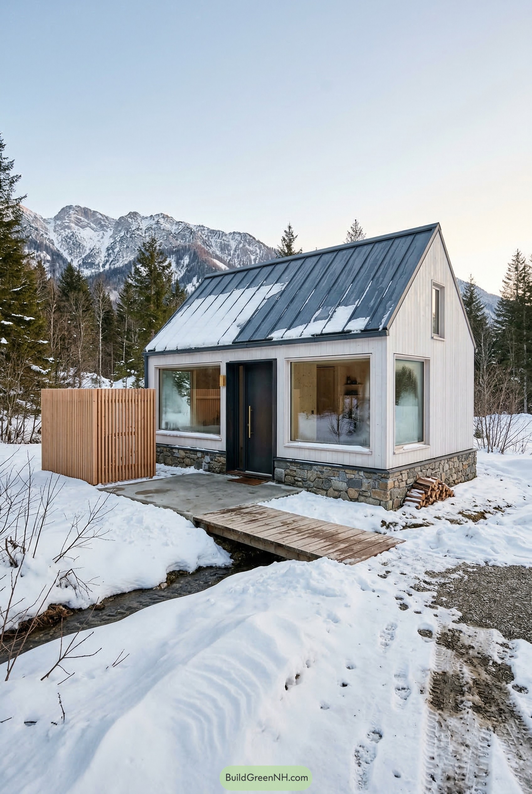 White gabled tiny house in snowy mountains