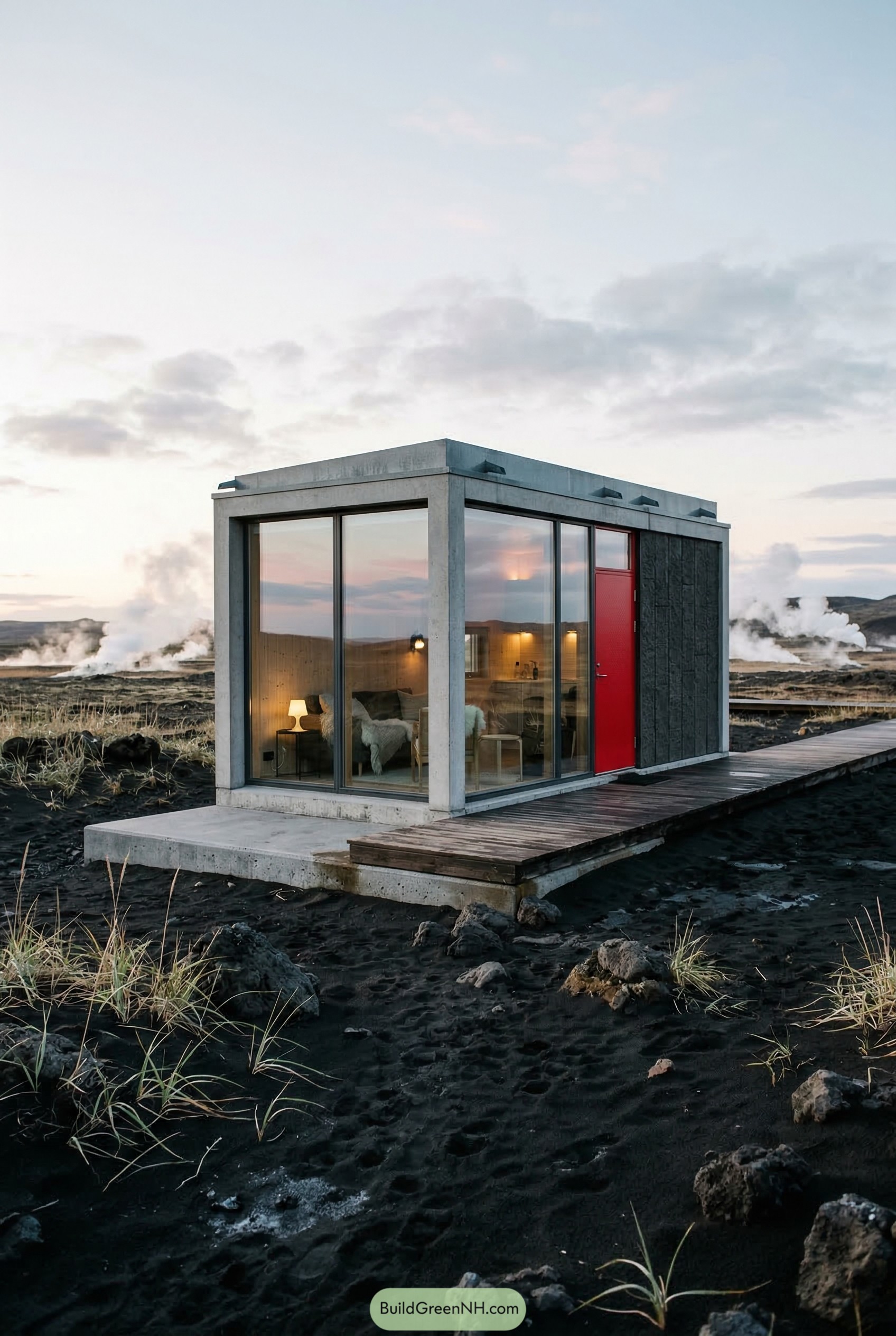 Modern tiny house with red door on black sand
