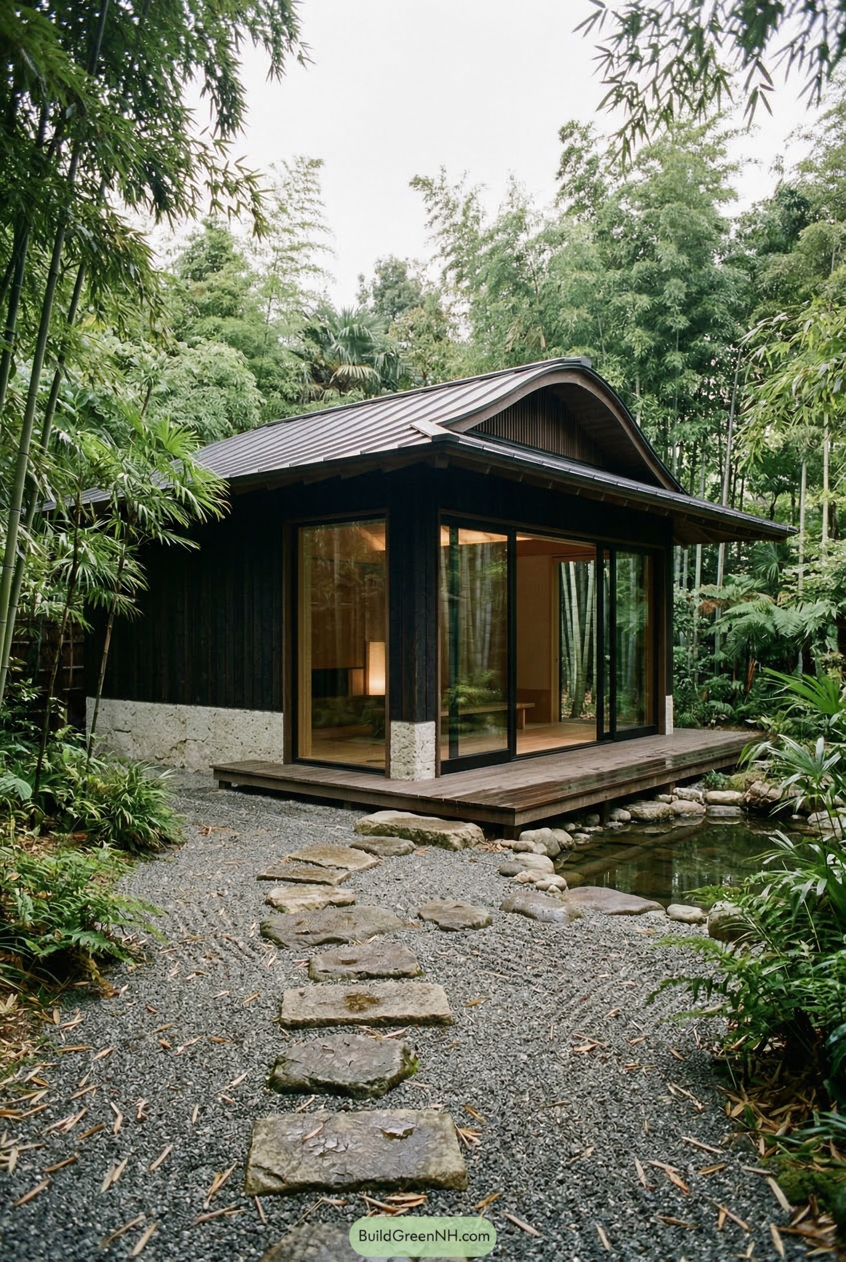 Dark timber tiny house in a bamboo garden