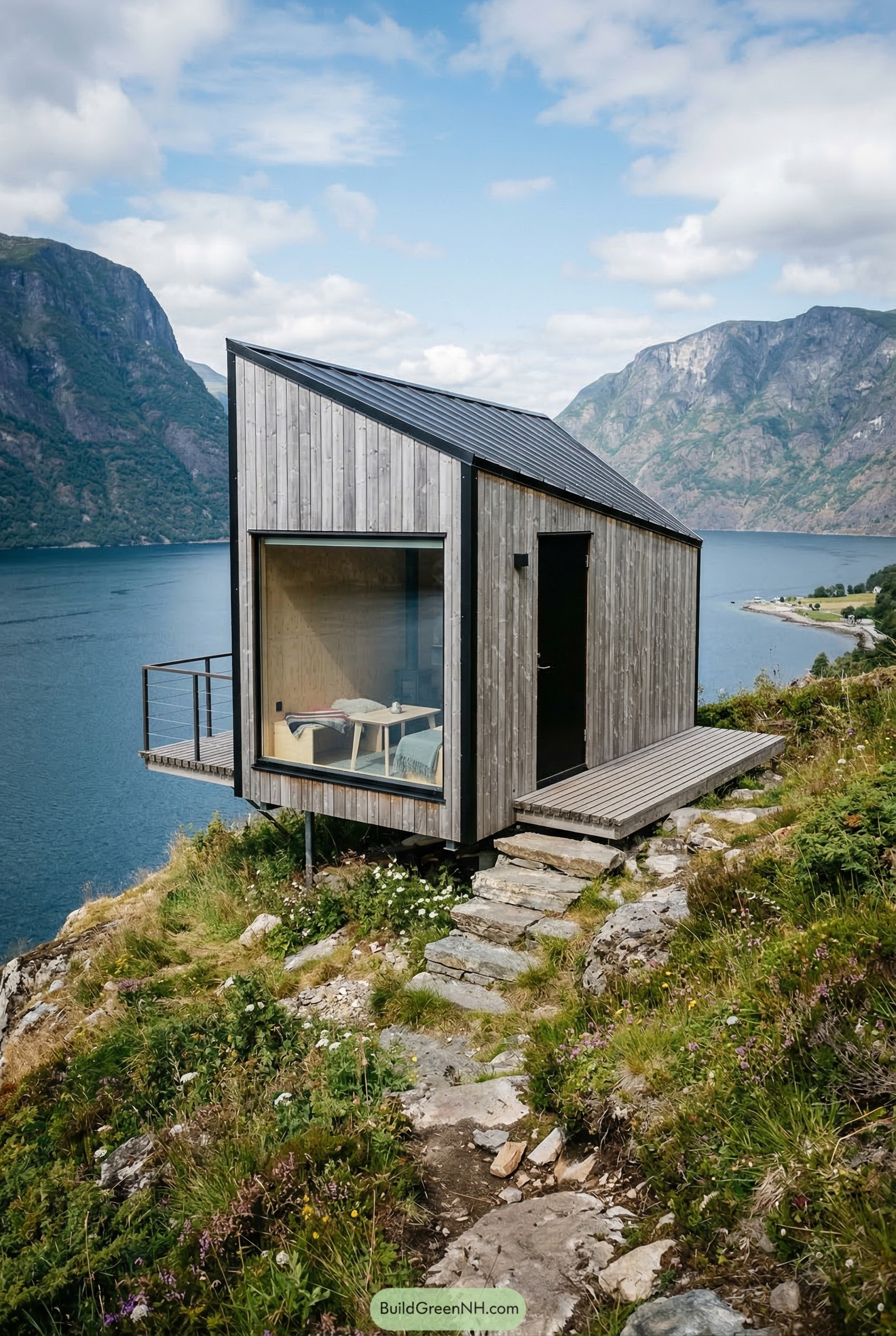 Angular timber tiny cabin above a fjord