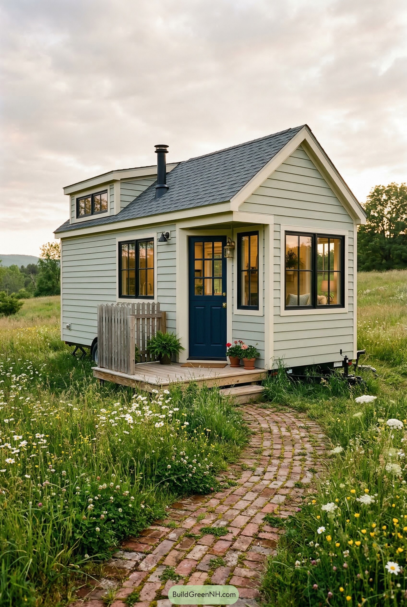 White gabled tiny house with blue door in a wildflower meadow