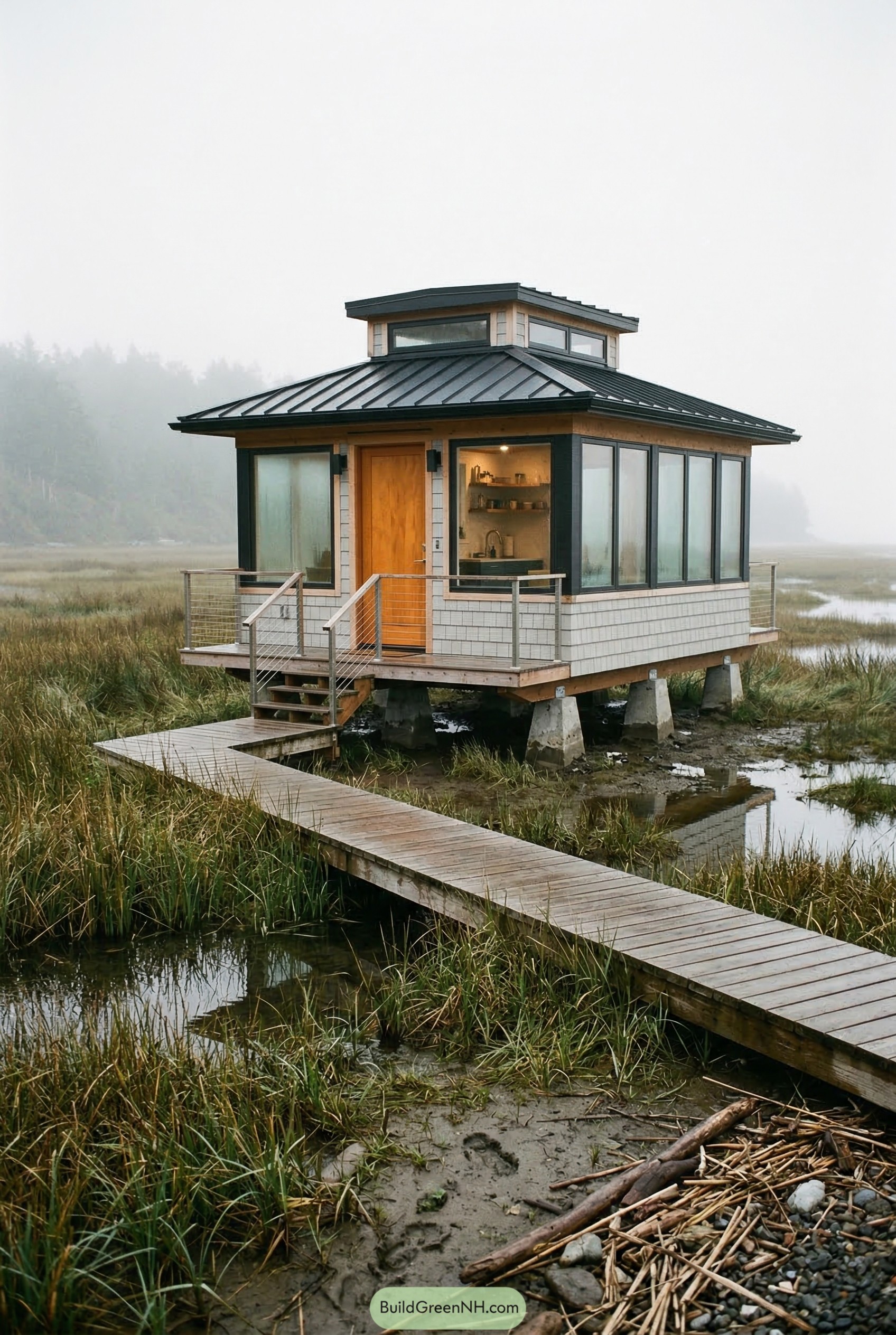 Tiny stilt house with boardwalk in marsh