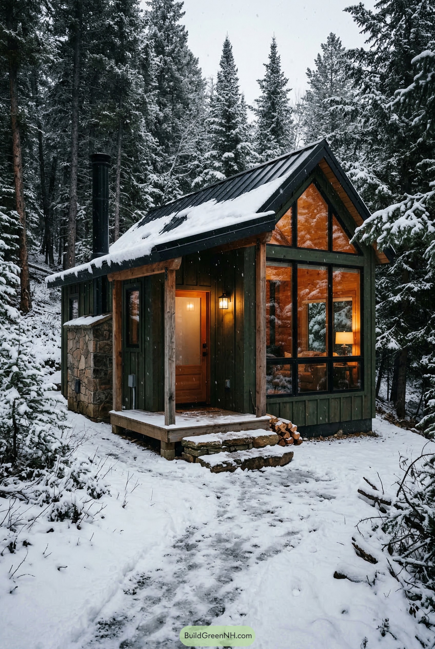 Tiny green cabin with large gable windows in snow