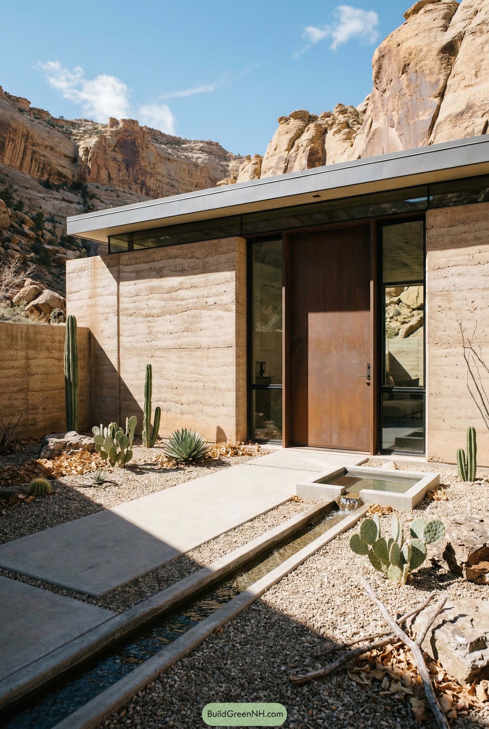 Modern rammed earth tiny house in a desert canyon