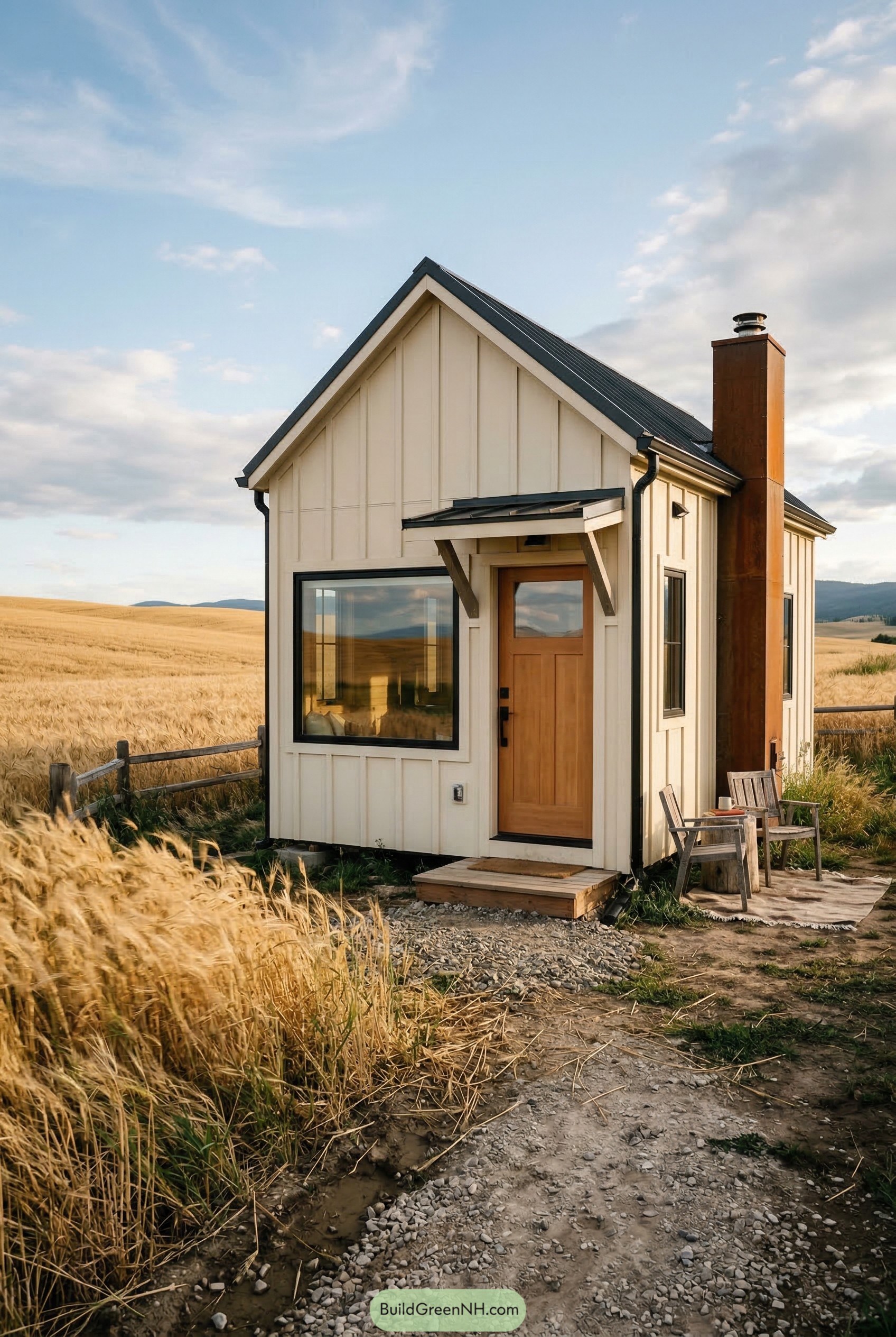 White tiny house beside a wheat field