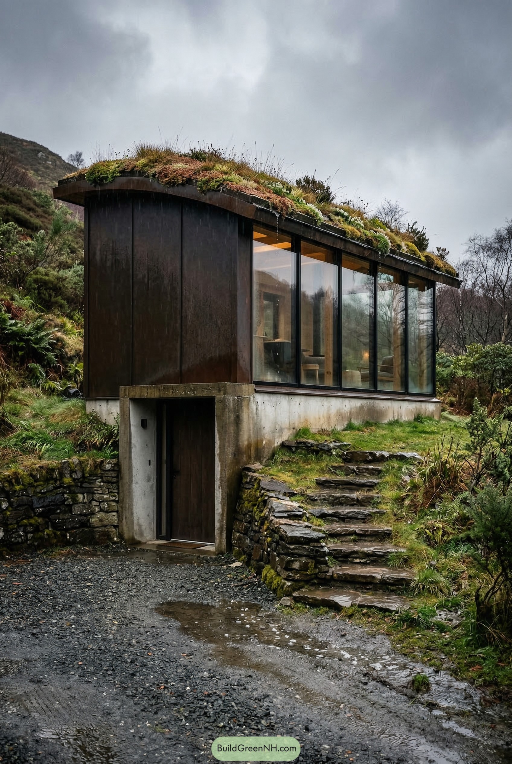 Dark hillside tiny house with a green roof