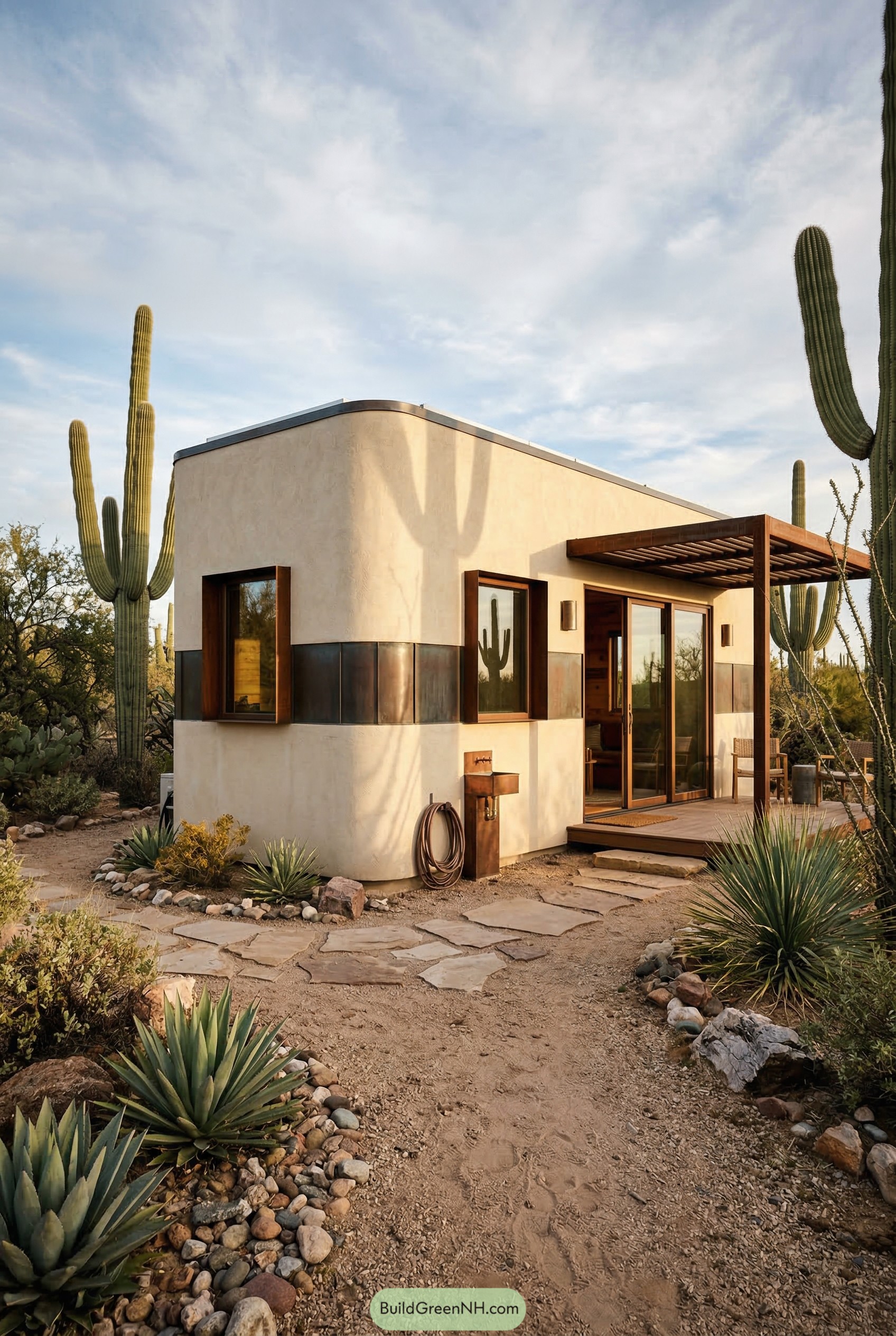 Modern desert tiny house with pergola